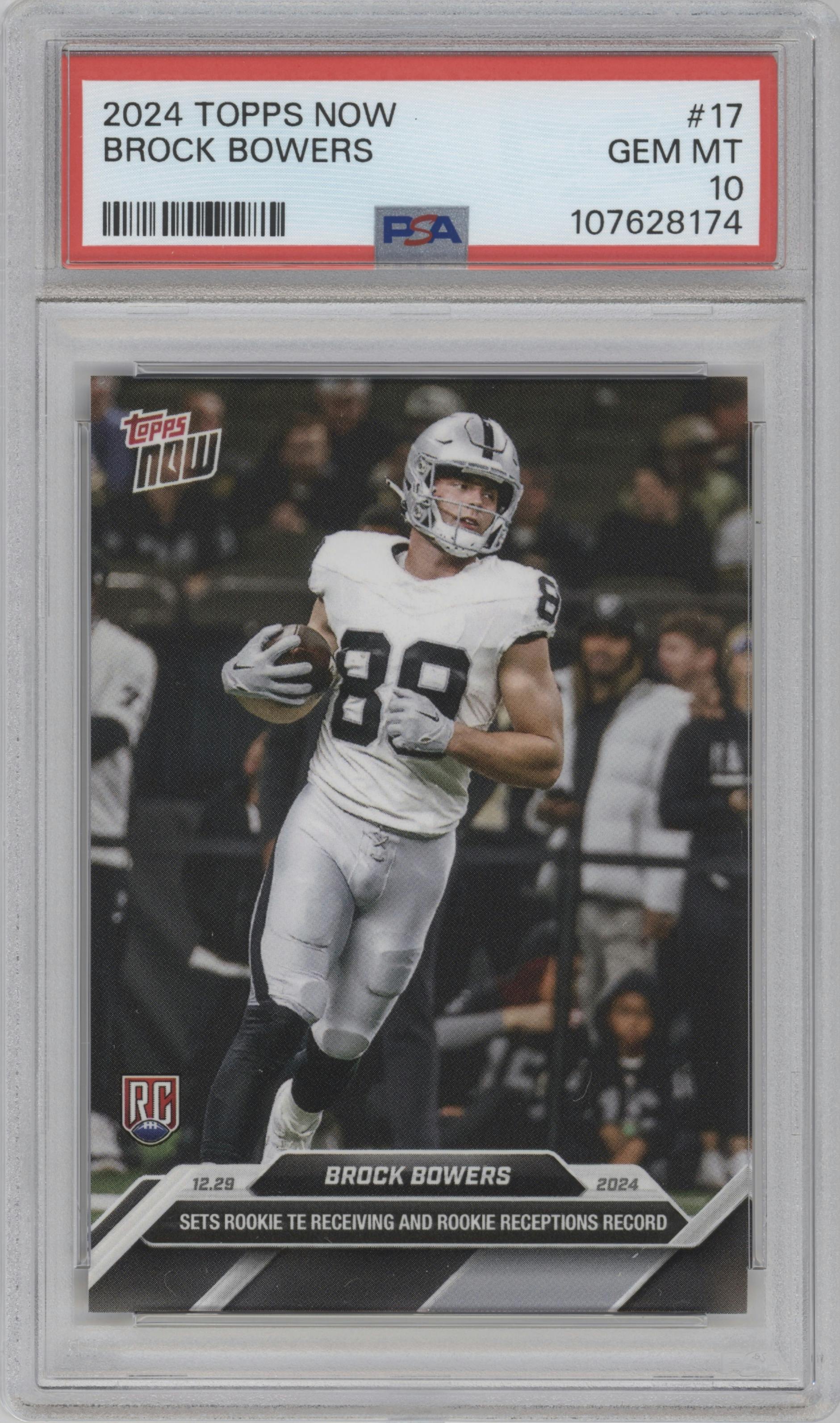 Brock Bowers from the 2024 Topps Now set graded by PSA and given an overall grade of 10.