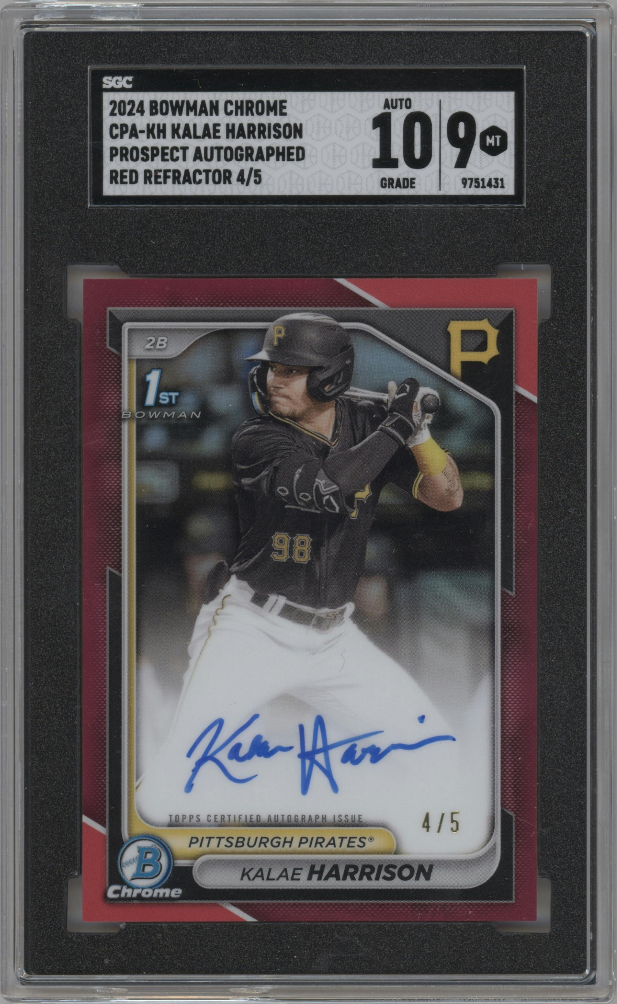 Kalae Harrison from the 2024 Bowman Chrome set featuring a Red Refractor parallel graded by SGC and given an overall grade of 9.