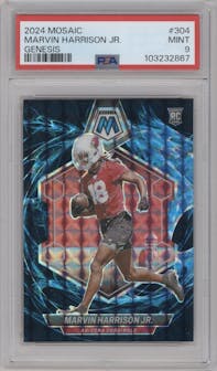 Marvin Harrison Jr. from the 2024 Panini Mosaic set featuring a Genesis parallel graded by PSA and given an overall grade of 9.