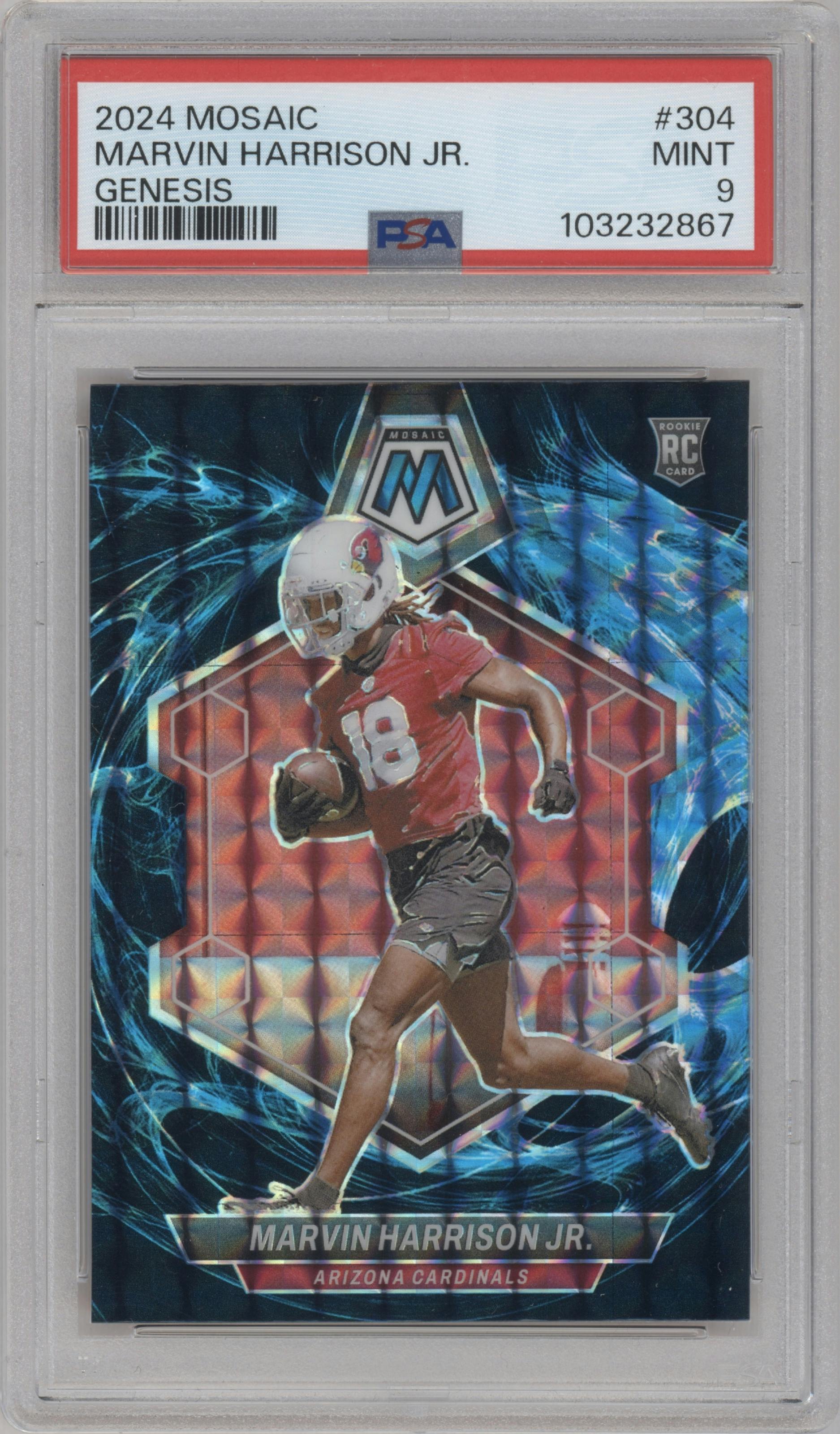 Marvin Harrison Jr. from the 2024 Panini Mosaic set featuring a Genesis parallel graded by PSA and given an overall grade of 9.