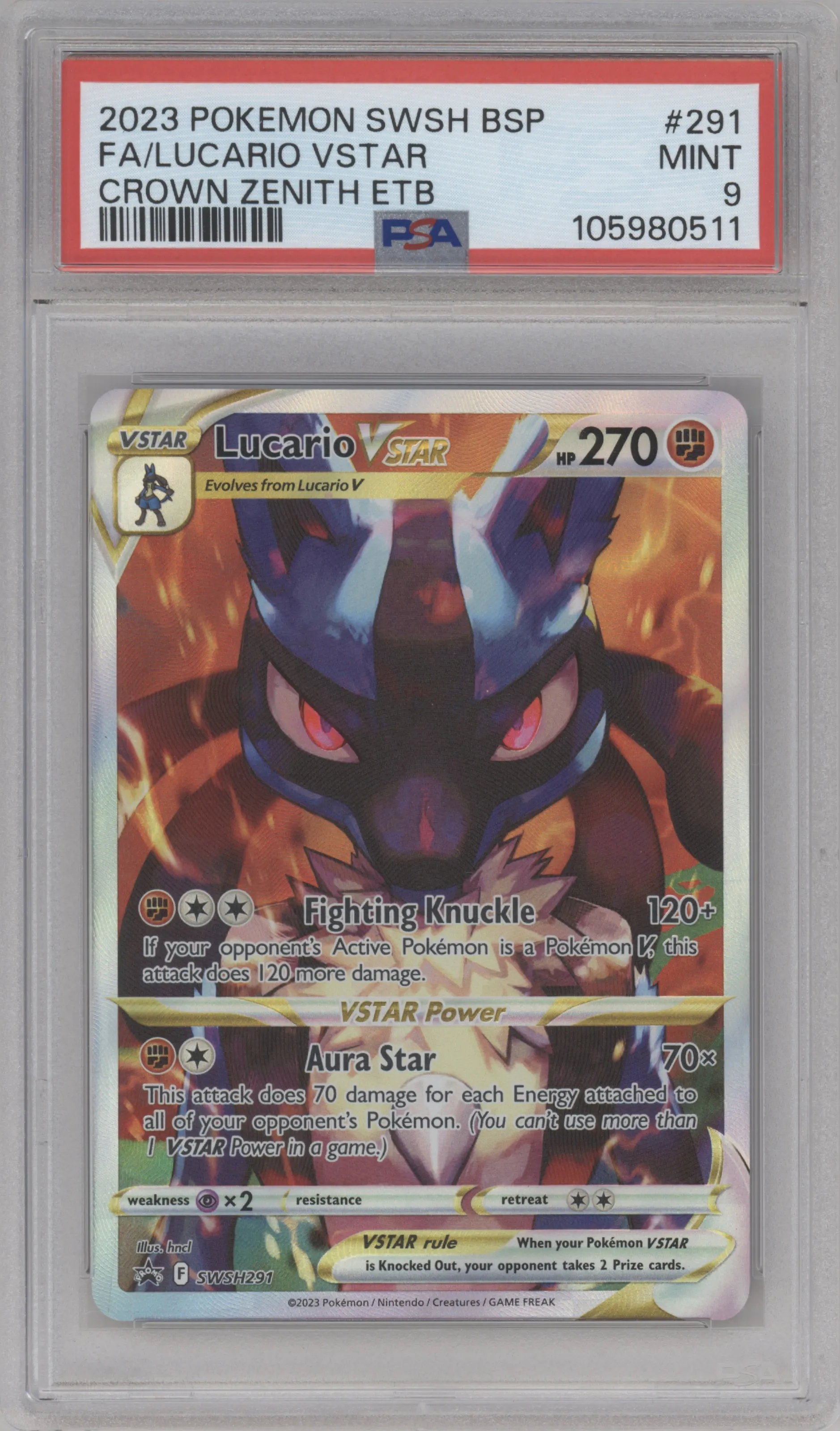 Lucario VStar from the 2023 Pokemon SWSH set featuring a Crown Zenith ETB parallel graded by PSA and given an overall grade of 9.