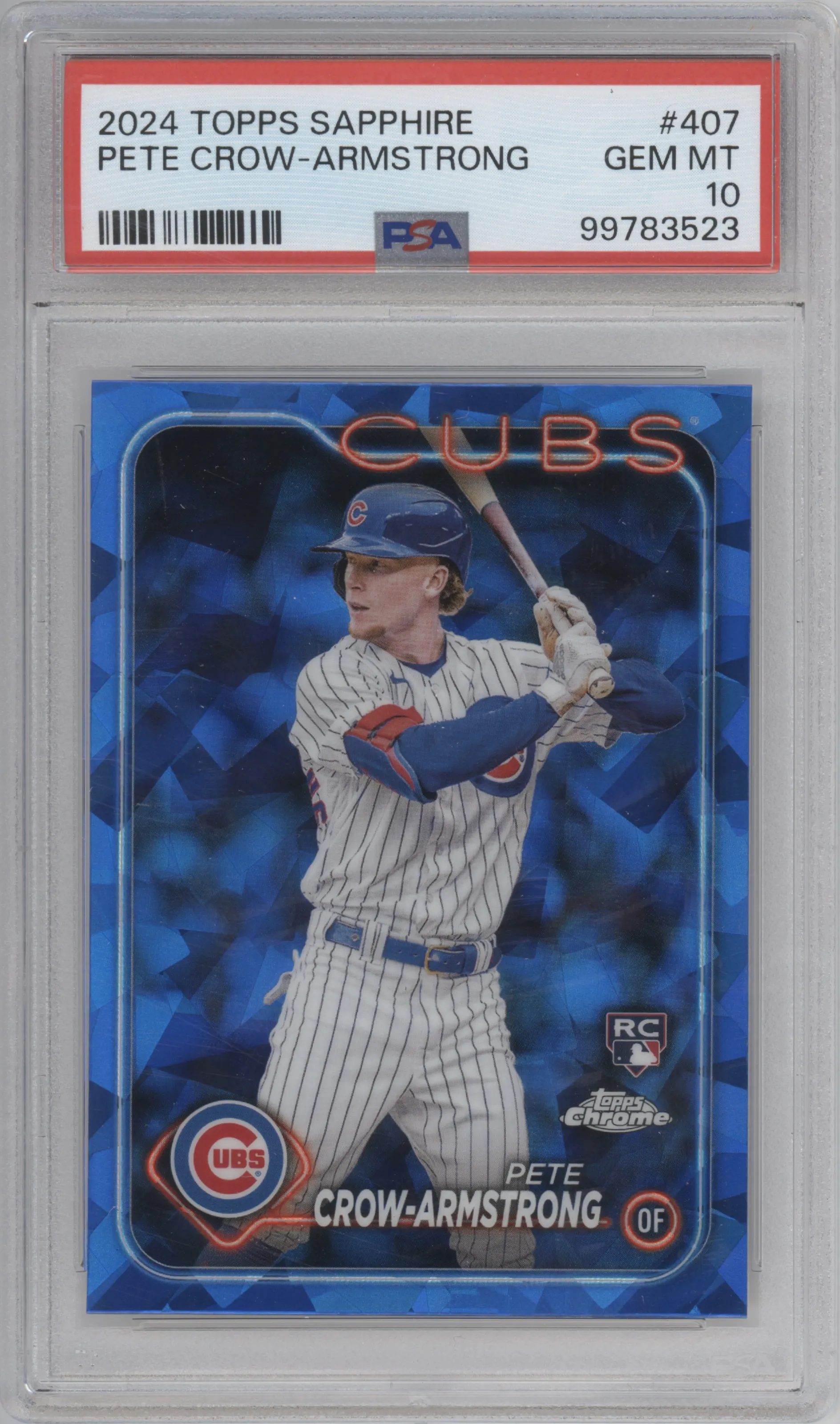 Pete Crow-Armstrong from the 2024 Topps Chrome Sapphire set graded by PSA and given an overall grade of 10.