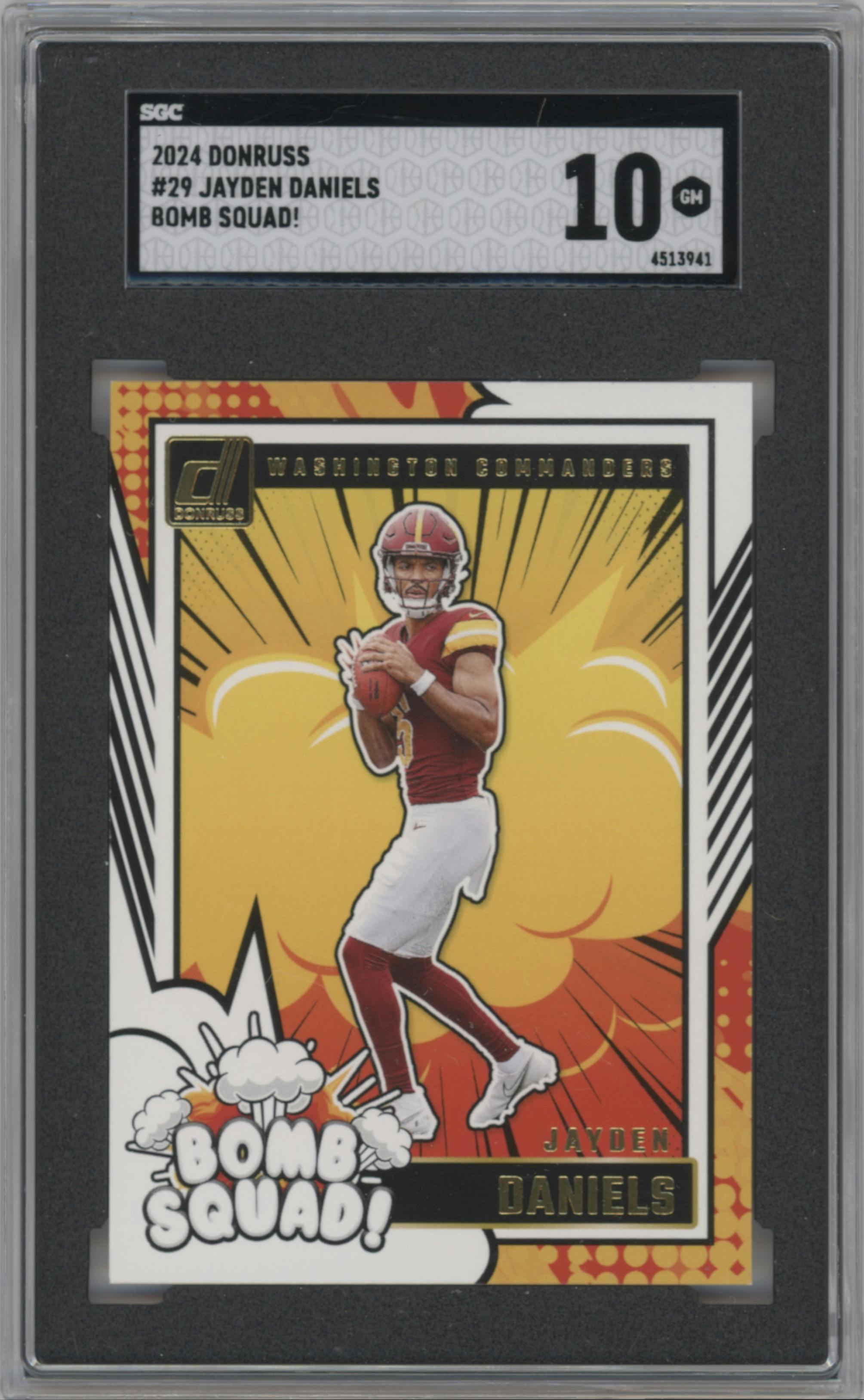 Jayden Daniels from the 2024 Donruss set graded by SGC and given an overall grade of 10.