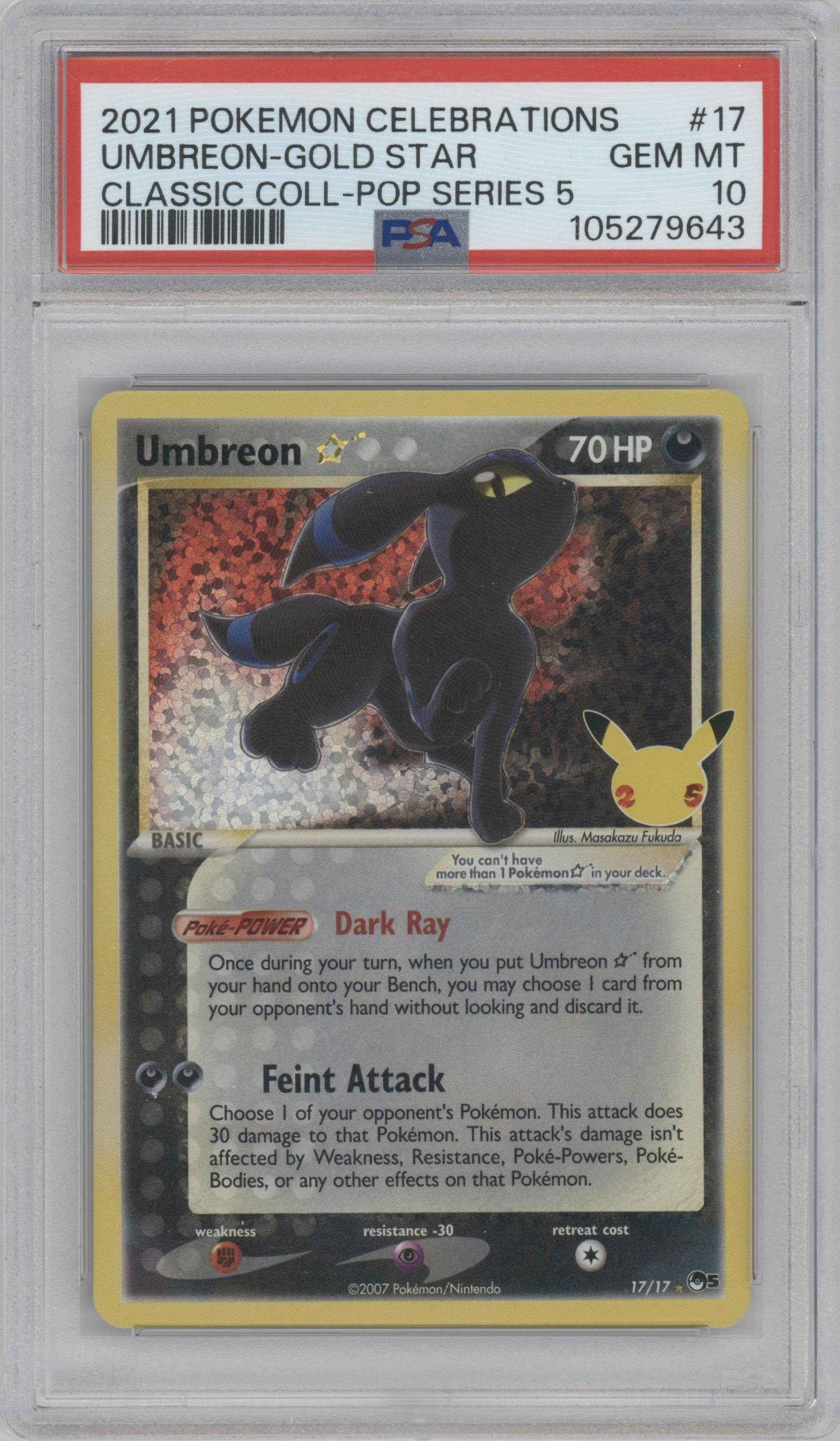 Umbreon Gold Star from the 2021 Pokemon SWSH set featuring a Pop Series 5 parallel graded by PSA and given an overall grade of 10.
