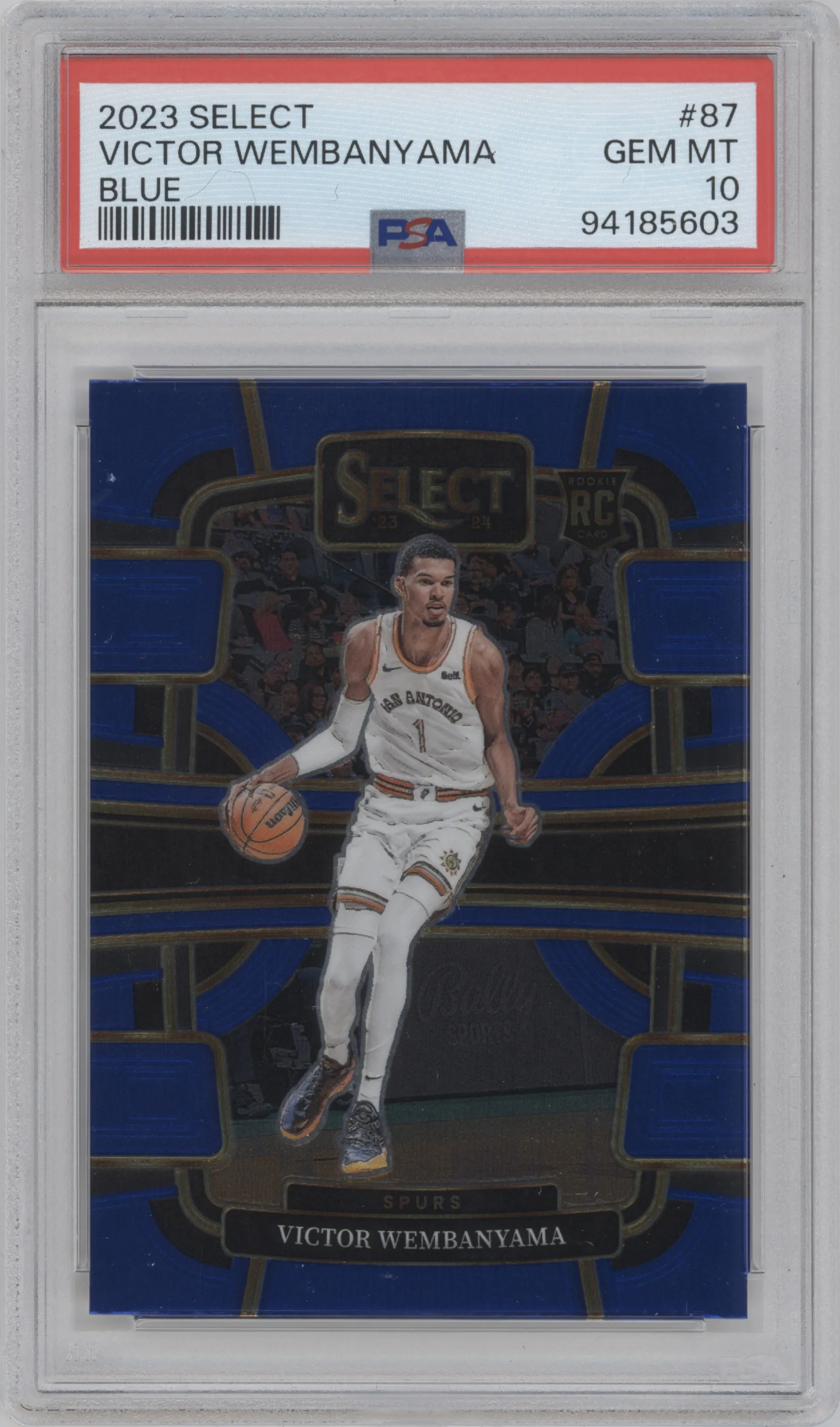 Victor Wembanyama from the 2023-24 Panini Select  set featuring a Blue Retail parallel graded by PSA and given an overall grade of 10.