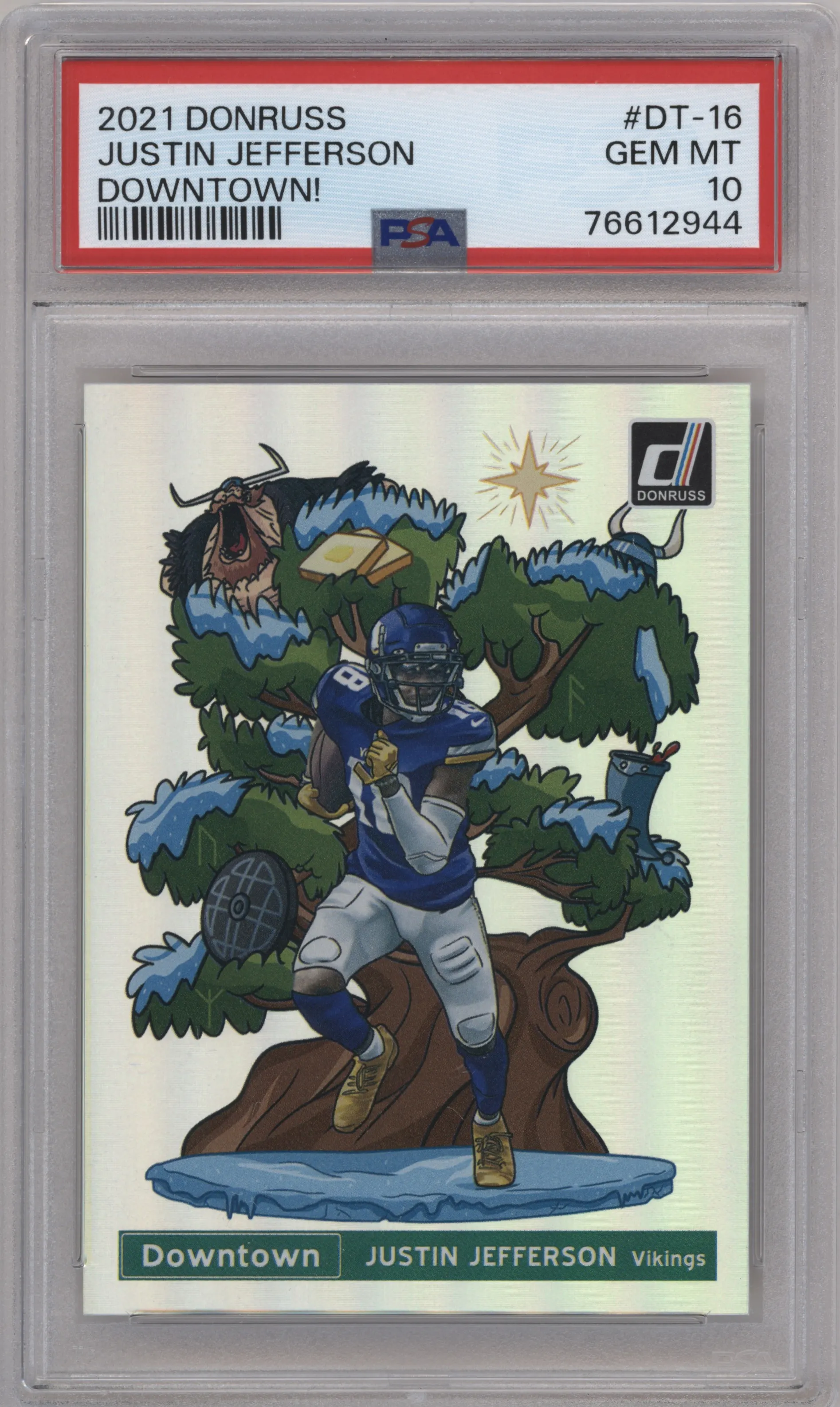 Justin Jefferson from the 2021 Panini Donruss set graded by PSA and given an overall grade of 10.