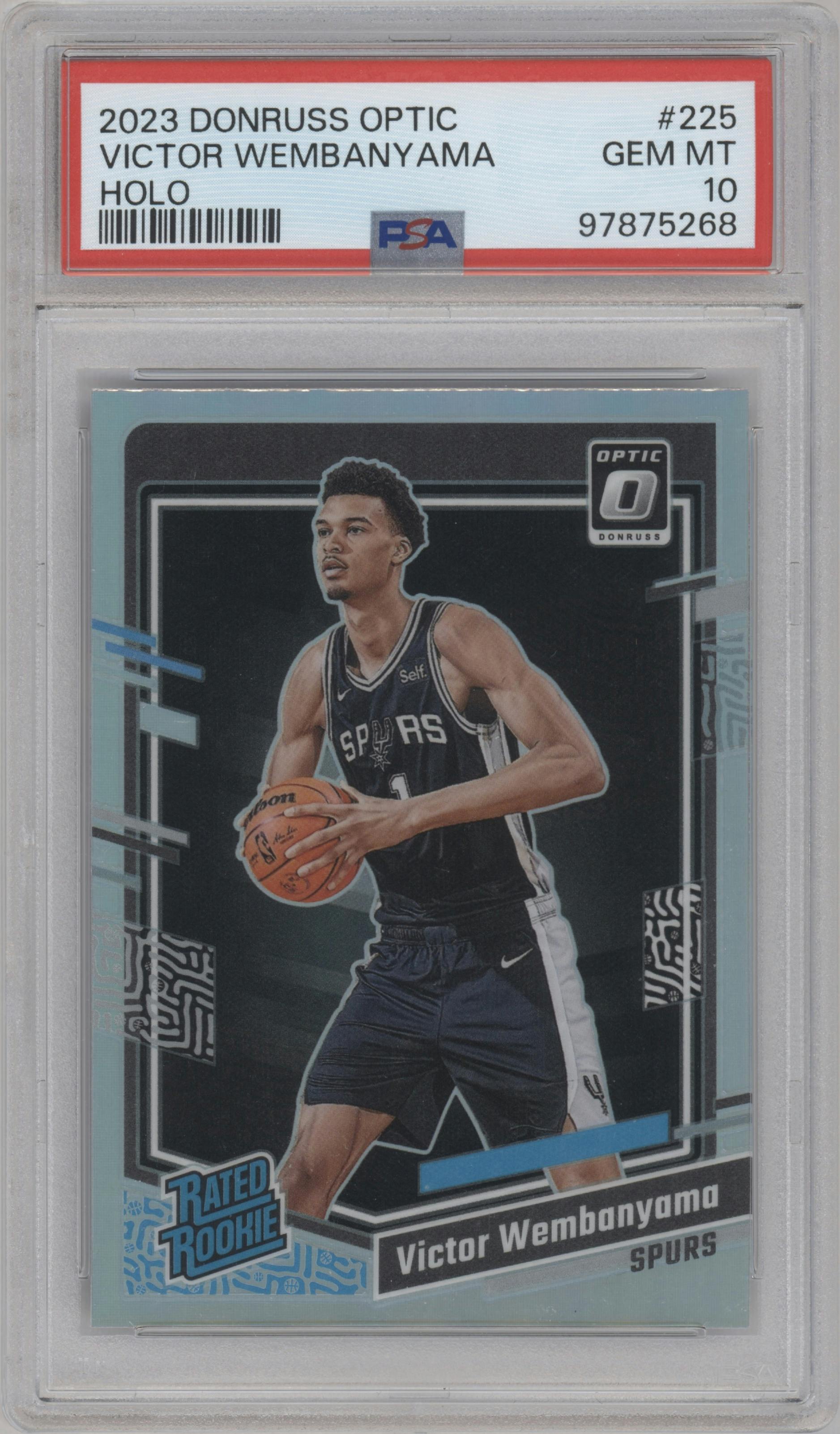 Victor Wembanyama from the 2023-24 Donruss Optic set featuring a Holo parallel graded by PSA and given an overall grade of 10.