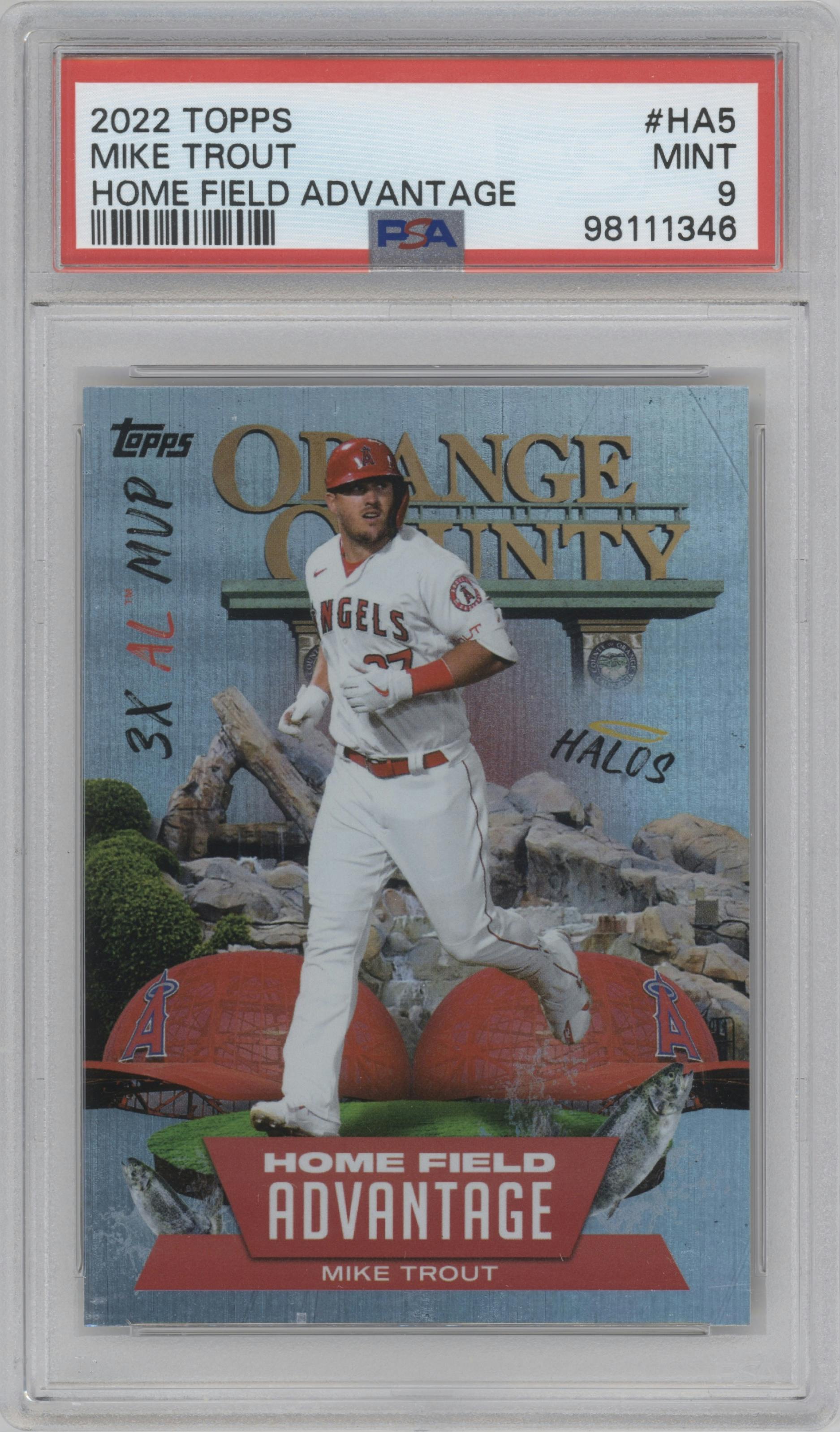 Mike Trout from the 2022 Topps  Series 1 set graded by PSA and given an overall grade of 9.