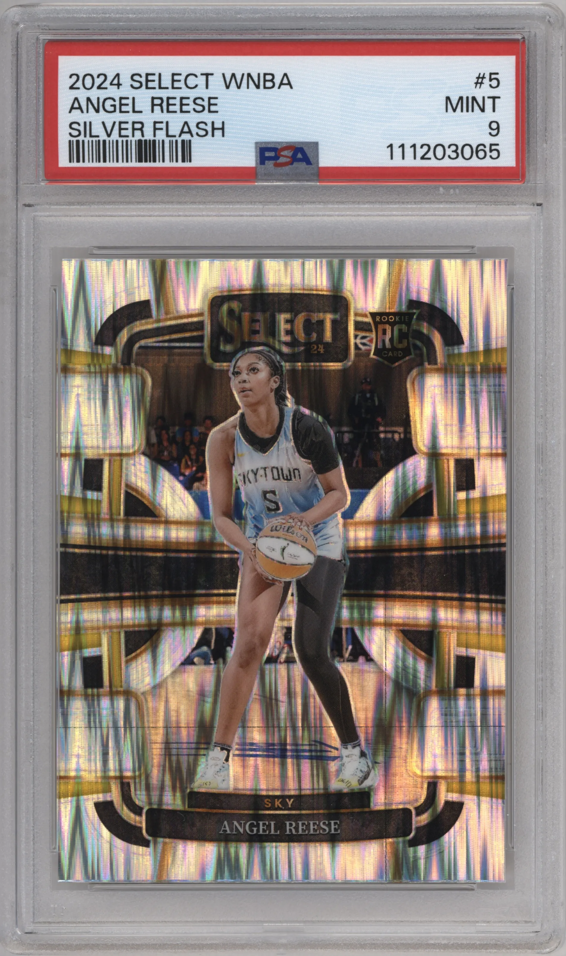 Angel Reese from the 2024 Panini Select WNBA set featuring a Silver Flash Prizm  parallel graded by PSA and given an overall grade of 9.