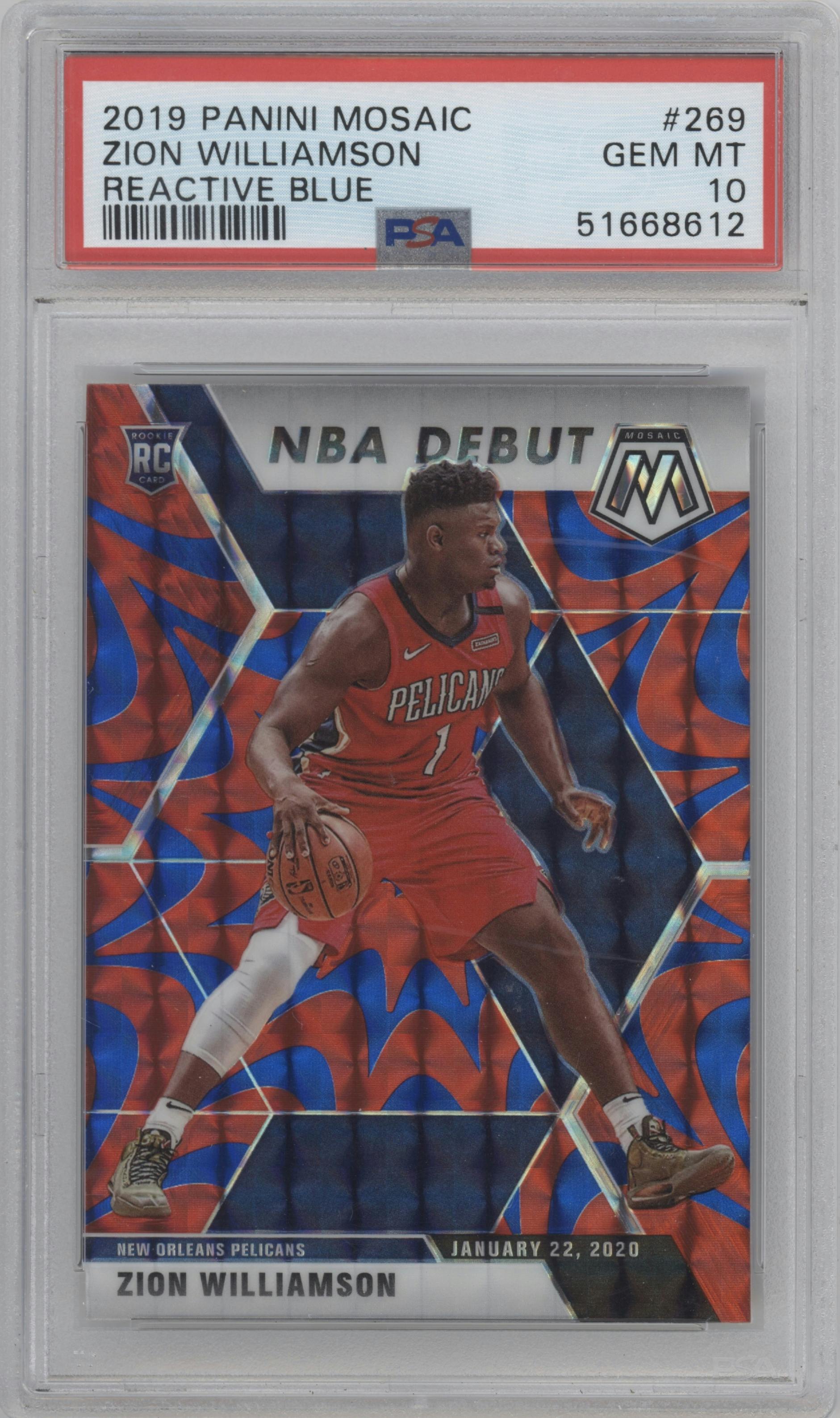 Zion Williamson from the 2019-20 Panini Mosaic  set featuring a Reactive Blue parallel graded by PSA and given an overall grade of 10.
