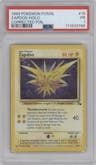 Zapdos from the 1999 Pokemon set featuring a Corrected Foil parallel graded by PSA and given an overall grade of 1.