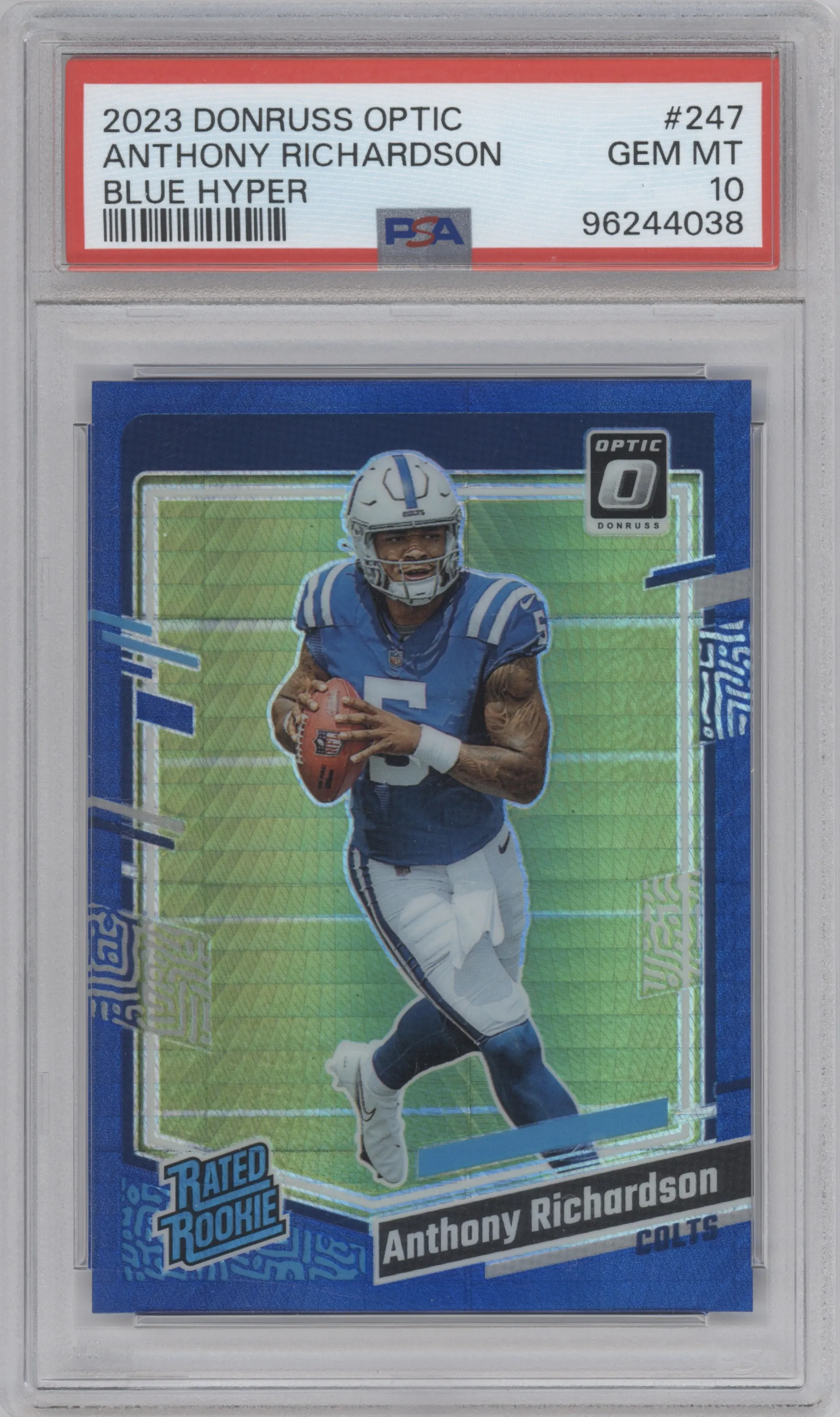 Anthony Richardson from the 2023 Donruss Optic set featuring a Hyper Blue parallel graded by PSA and given an overall grade of 10.