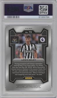 Lewis Miley from the 2023-24 Panini Prizm Premier League set featuring a Red Mosaic parallel graded by PSA and given an overall grade of 10.