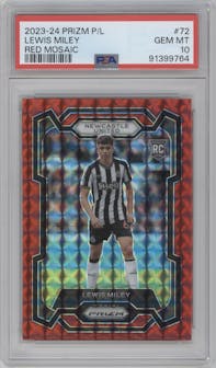 Lewis Miley from the 2023-24 Panini Prizm Premier League set featuring a Red Mosaic parallel graded by PSA and given an overall grade of 10.