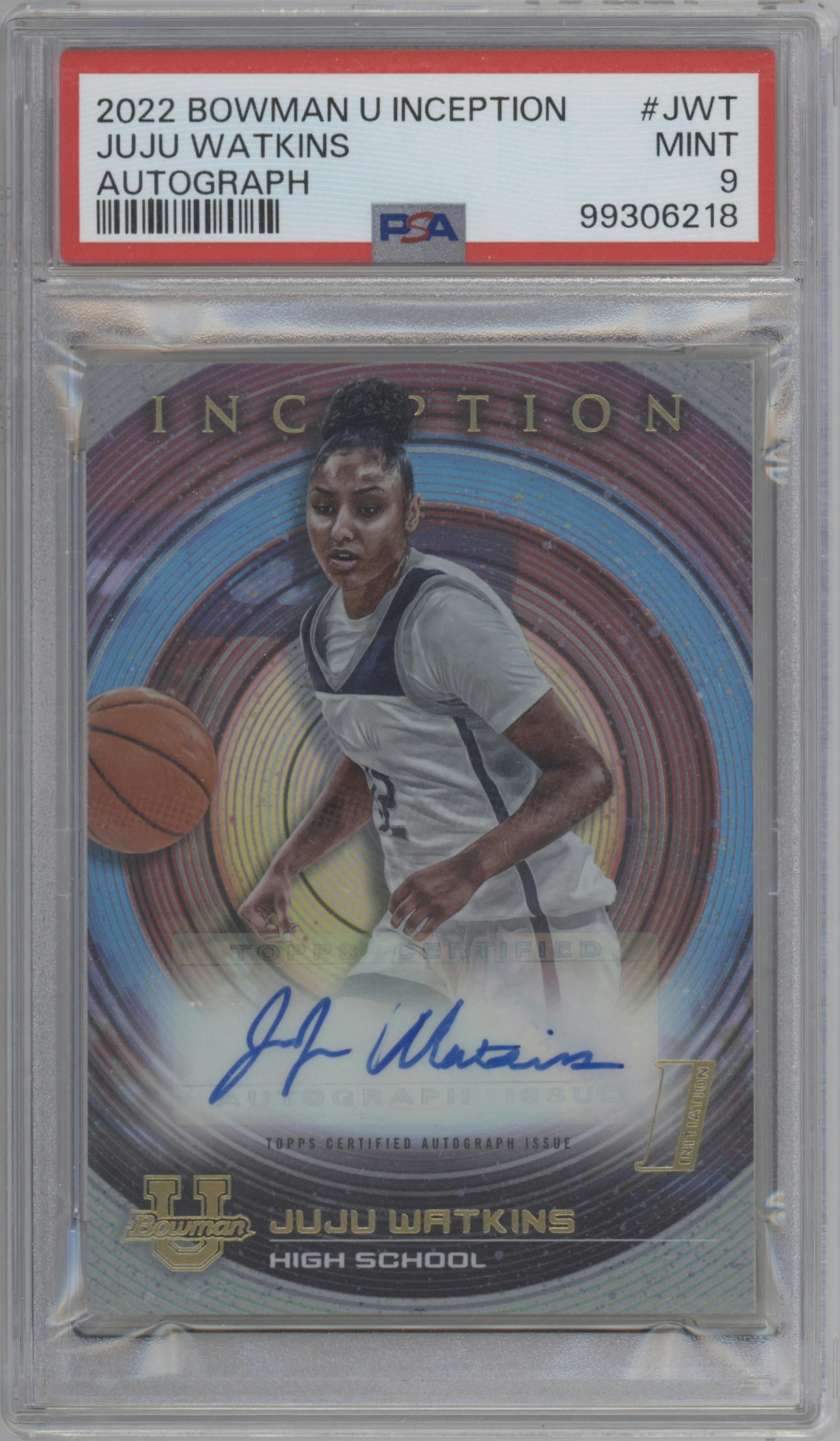 JuJu Watkins from the 2022-23 Bowman University Inception set graded by PSA and given an overall grade of 9.