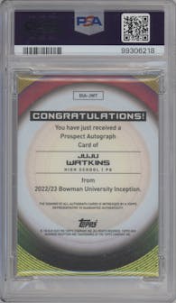 JuJu Watkins from the 2022-23 Bowman University Inception set graded by PSA and given an overall grade of 9.
