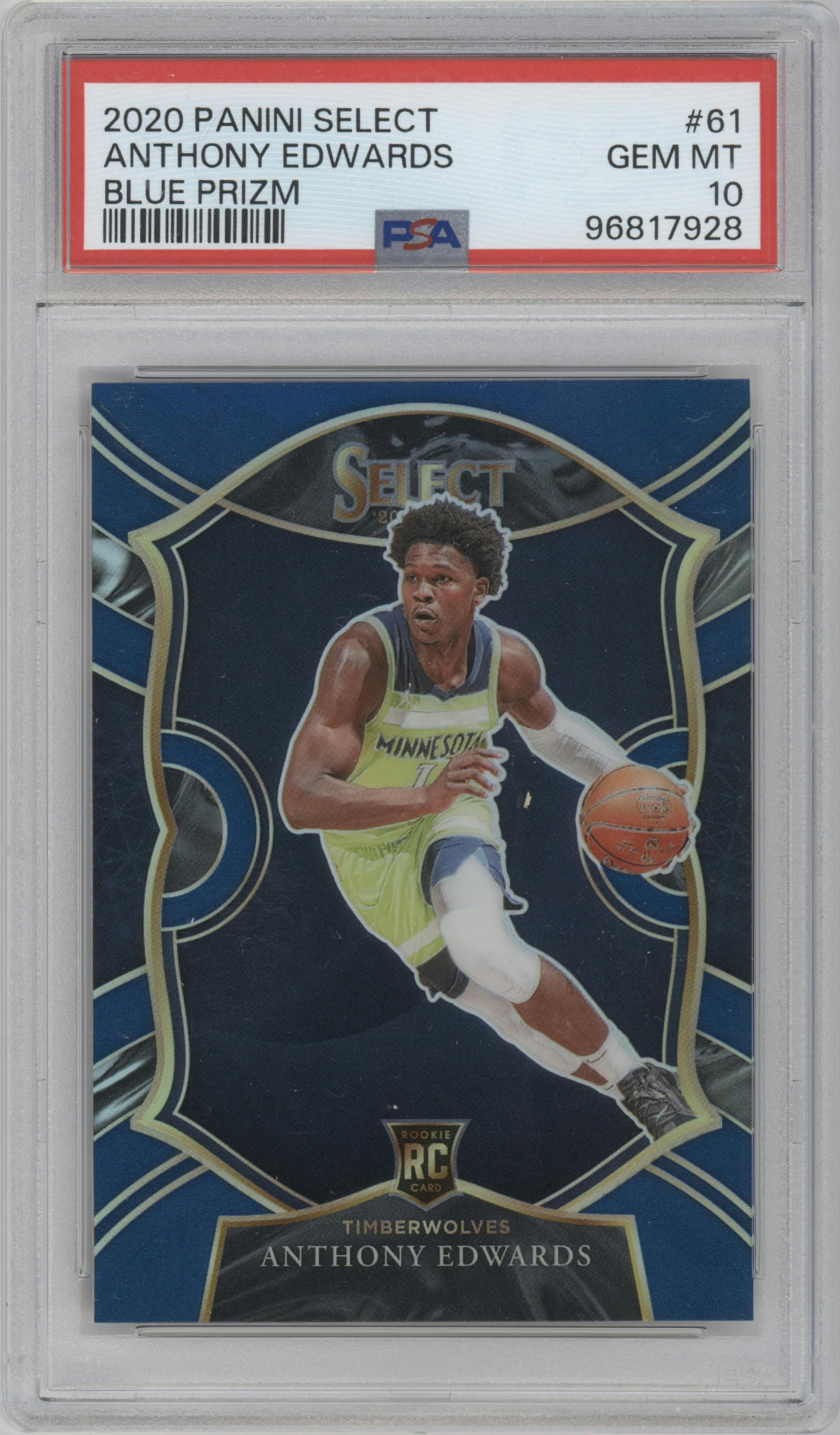 Anthony Edwards from the 2020-21 Panini Select  set featuring a Blue Prizm parallel graded by PSA and given an overall grade of 10.