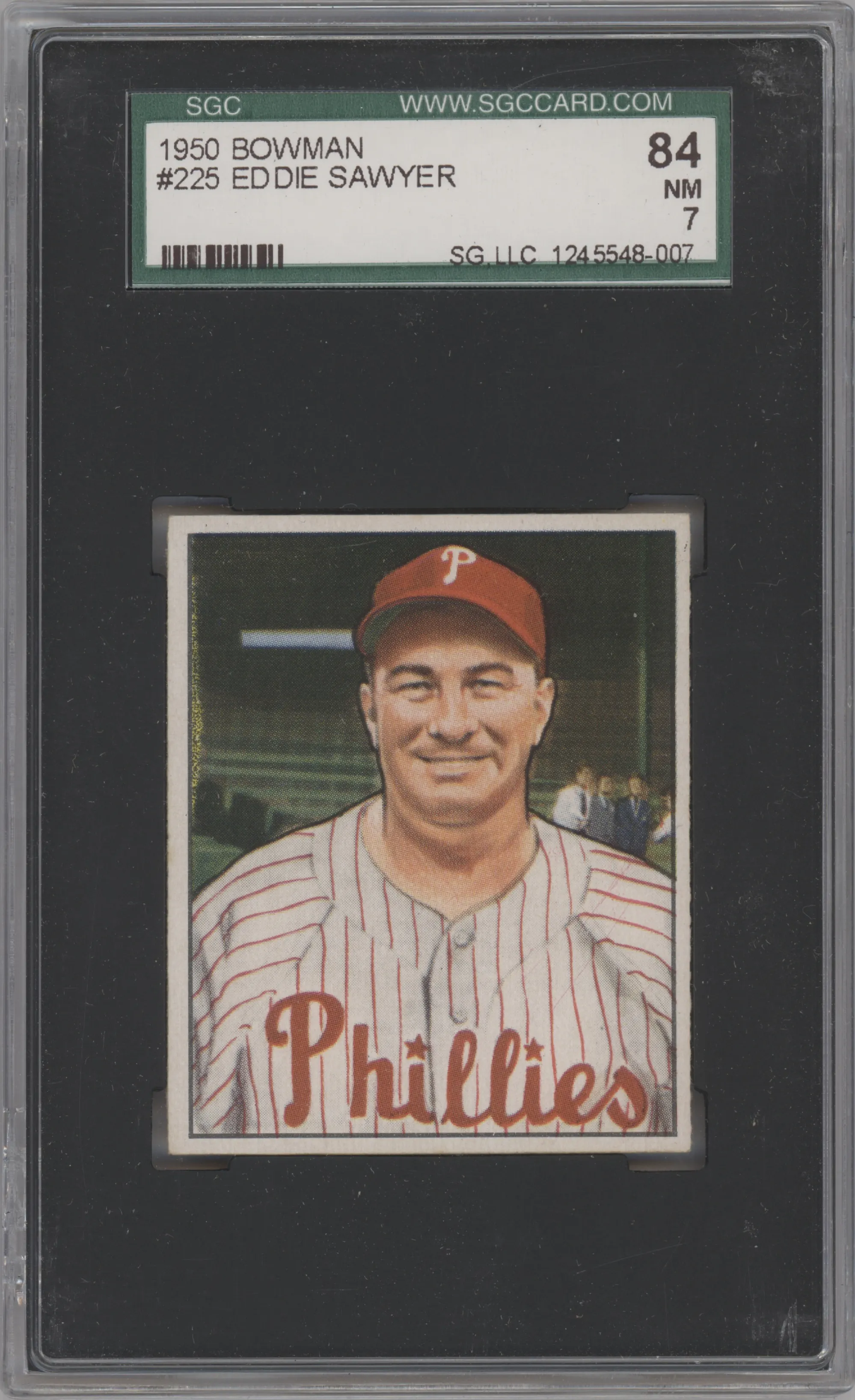 Eddie Sawyer from the 1950 Bowman set graded by SGC and given an overall grade of 7.
