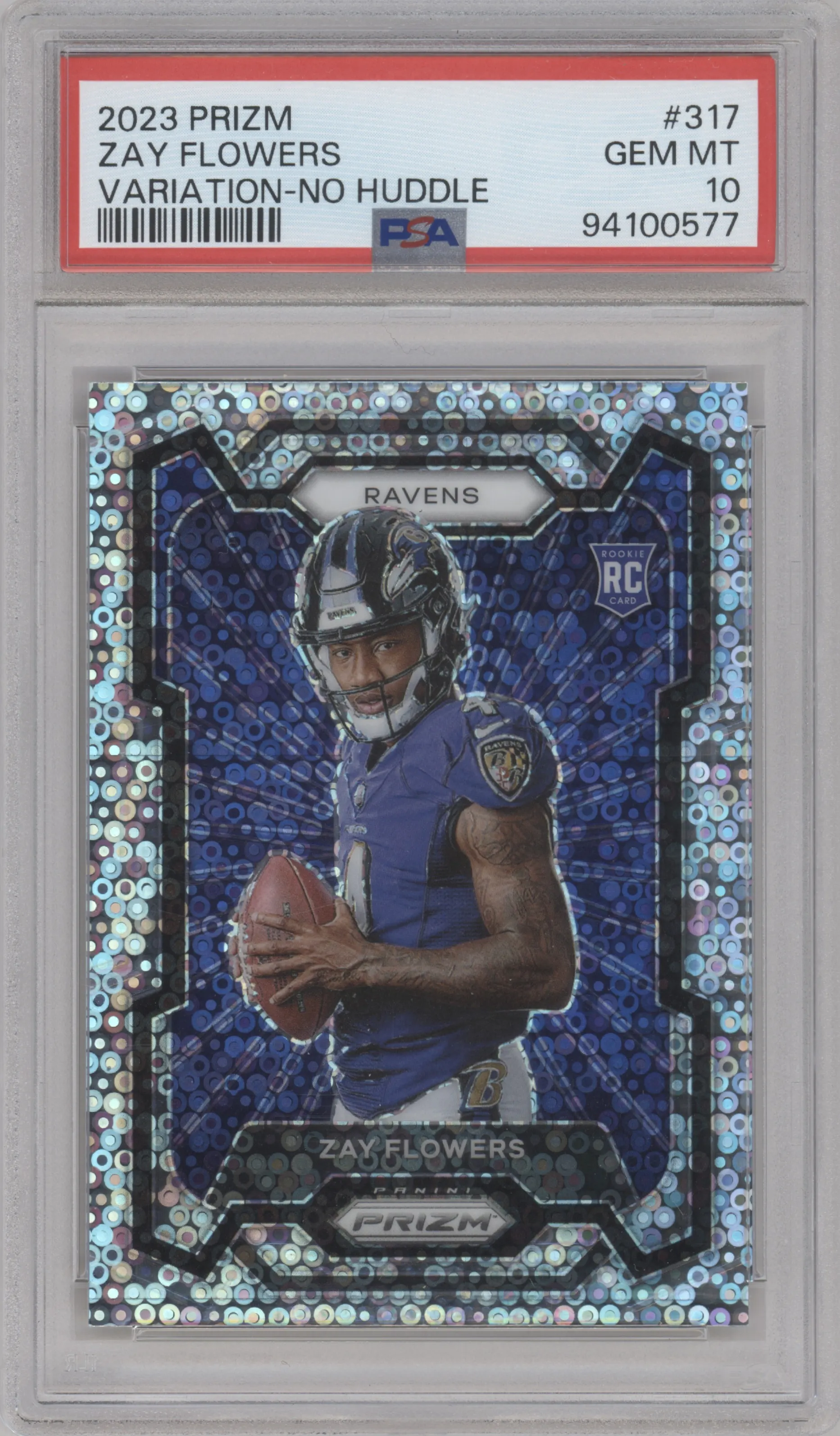 Zay Flowers from the 2023 Panini Prizm set featuring a No Huddle parallel graded by PSA and given an overall grade of 10.
