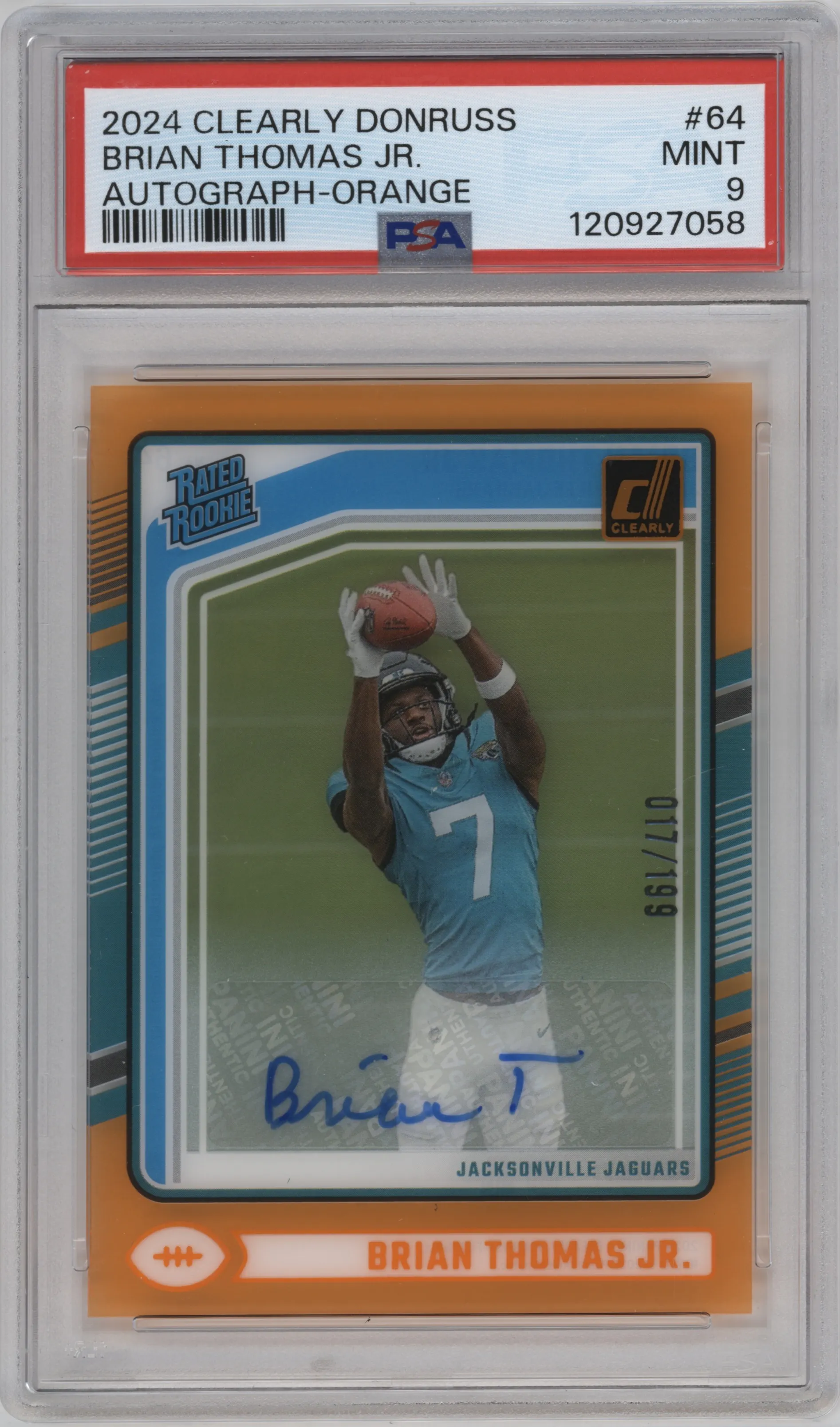 2024 Clearly Donruss Clrly.Rtd.Rke.Auto Brian Thomas Jr. Orange PSA 9