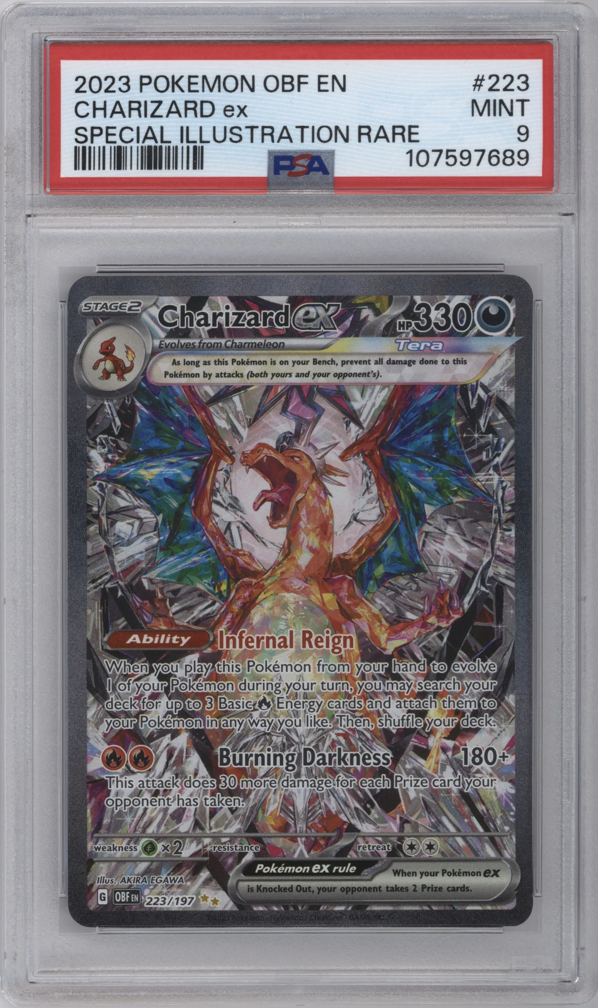 Charizard ex from the 2023 Pokemon SV set graded by PSA and given an overall grade of 9.