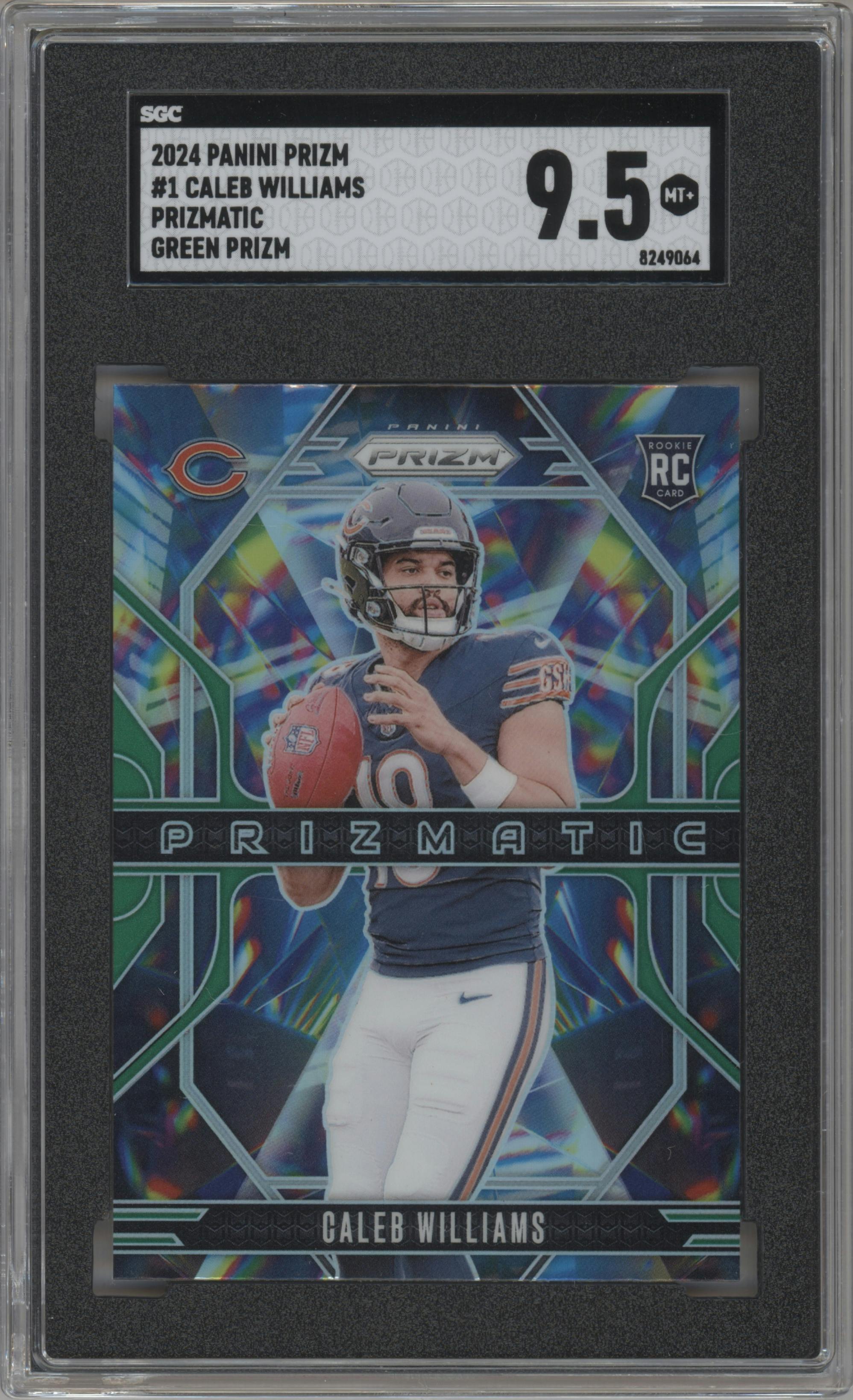 Caleb Williams from the 2024 Panini Prizm set featuring a Green Prizm parallel graded by SGC and given an overall grade of 9.5.