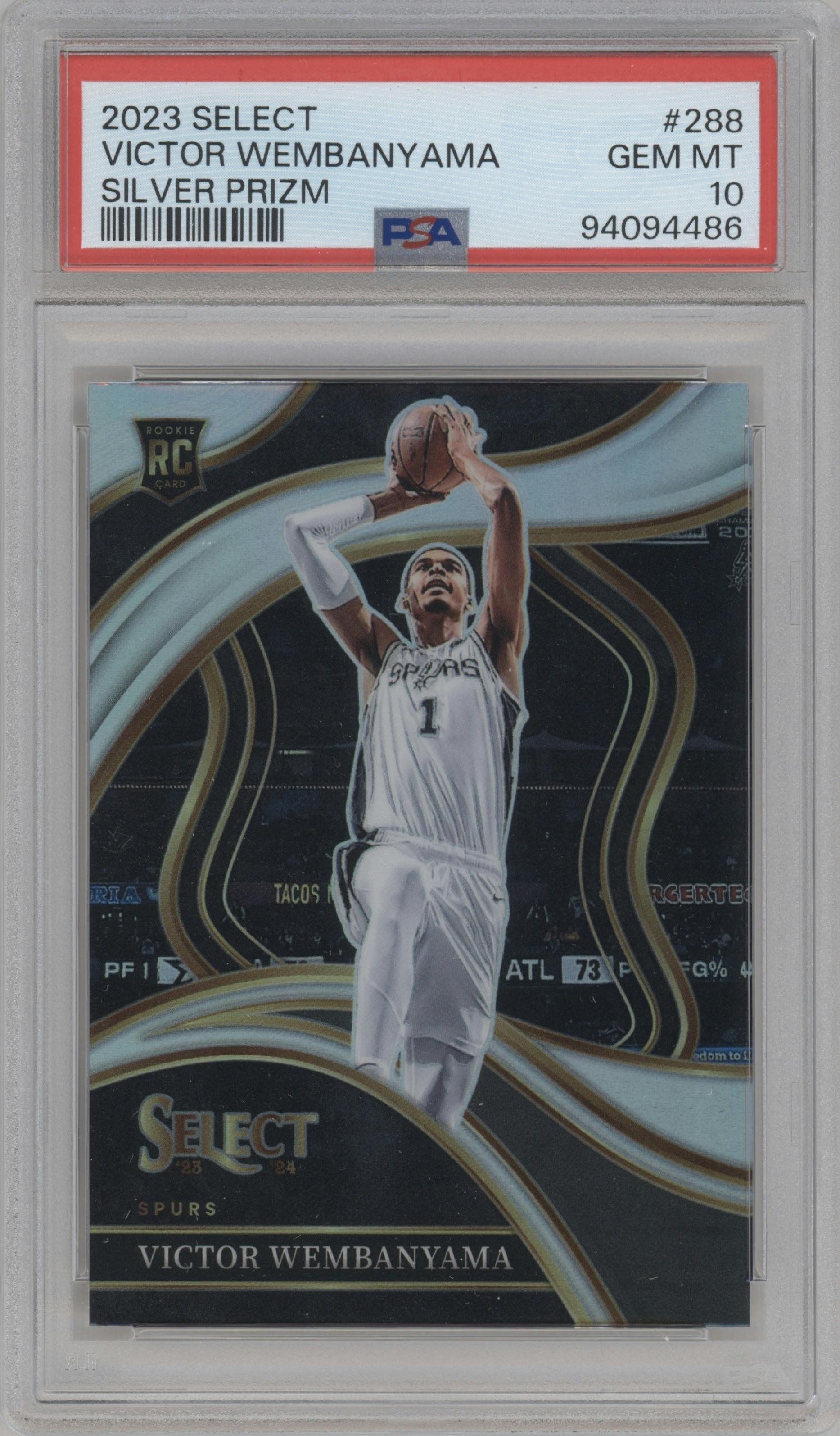 Victor Wembanyama from the 2023-24 Panini Select  set featuring a Silver parallel graded by PSA and given an overall grade of 10.