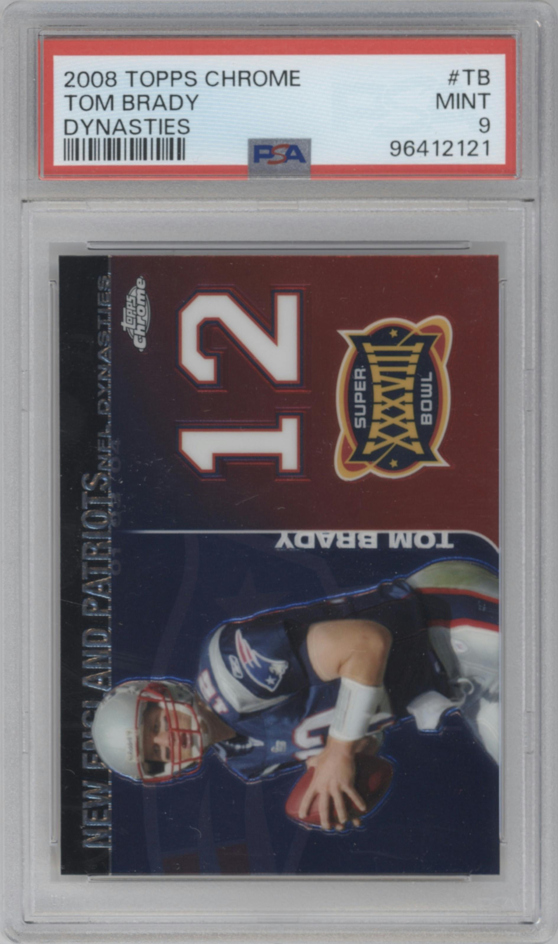 Tom Brady from the 2008 Topps Chrome set graded by PSA and given an overall grade of 9.