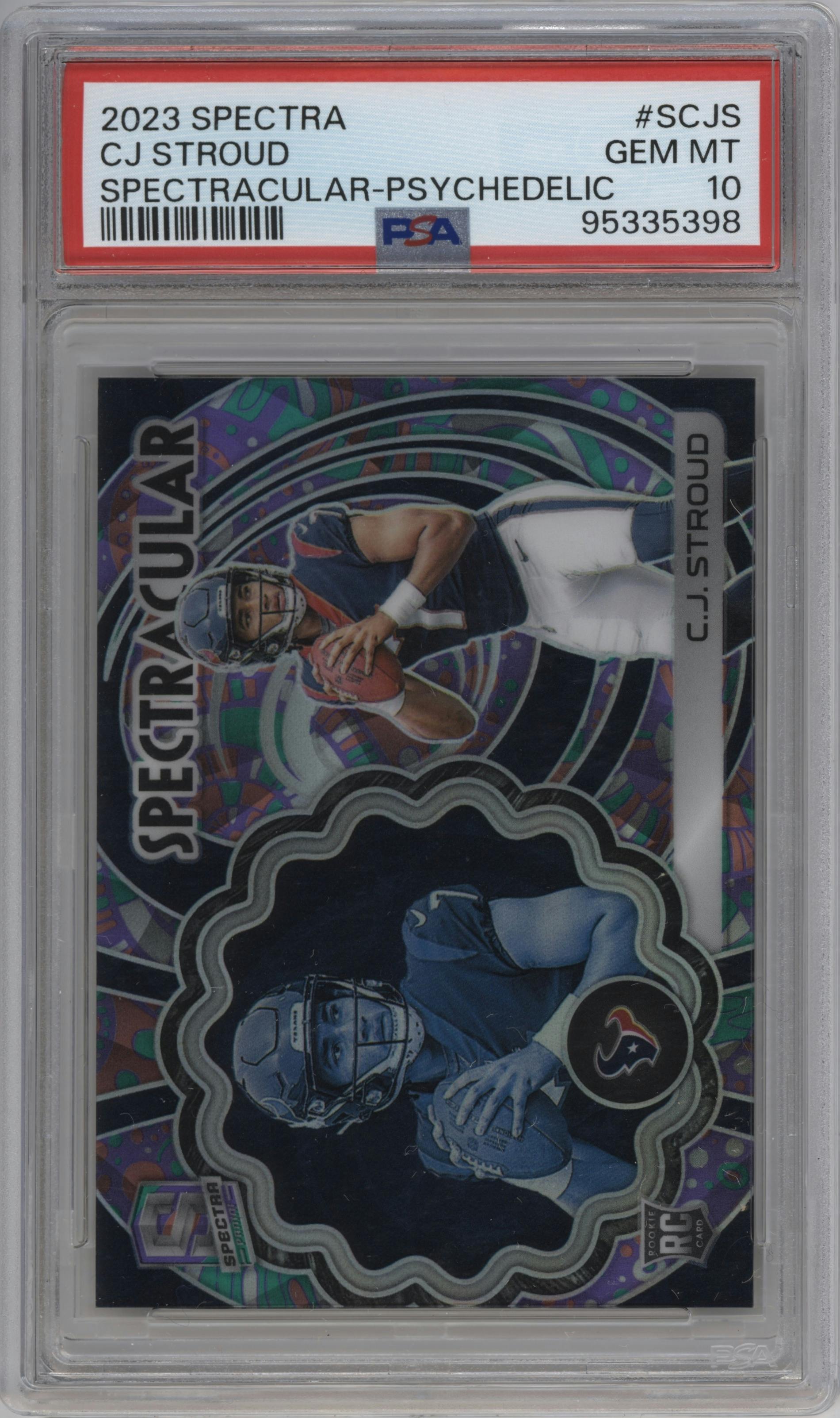 CJ Stroud from the 2023 Panini Spectra set featuring a Psychedelic parallel graded by PSA and given an overall grade of 10.