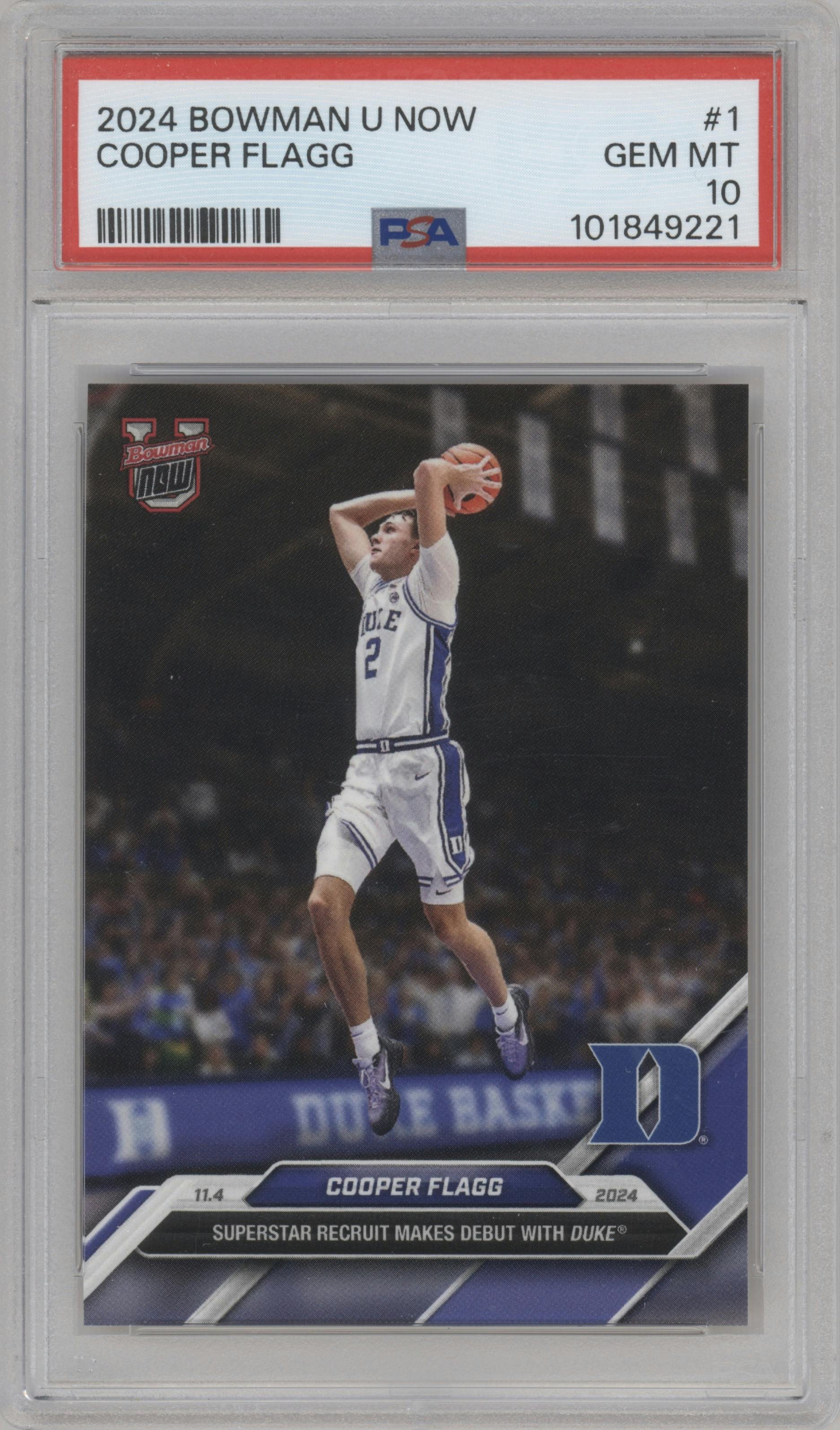 Cooper Flagg from the 2024-25 Bowman U Now set graded by PSA and given an overall grade of 10.