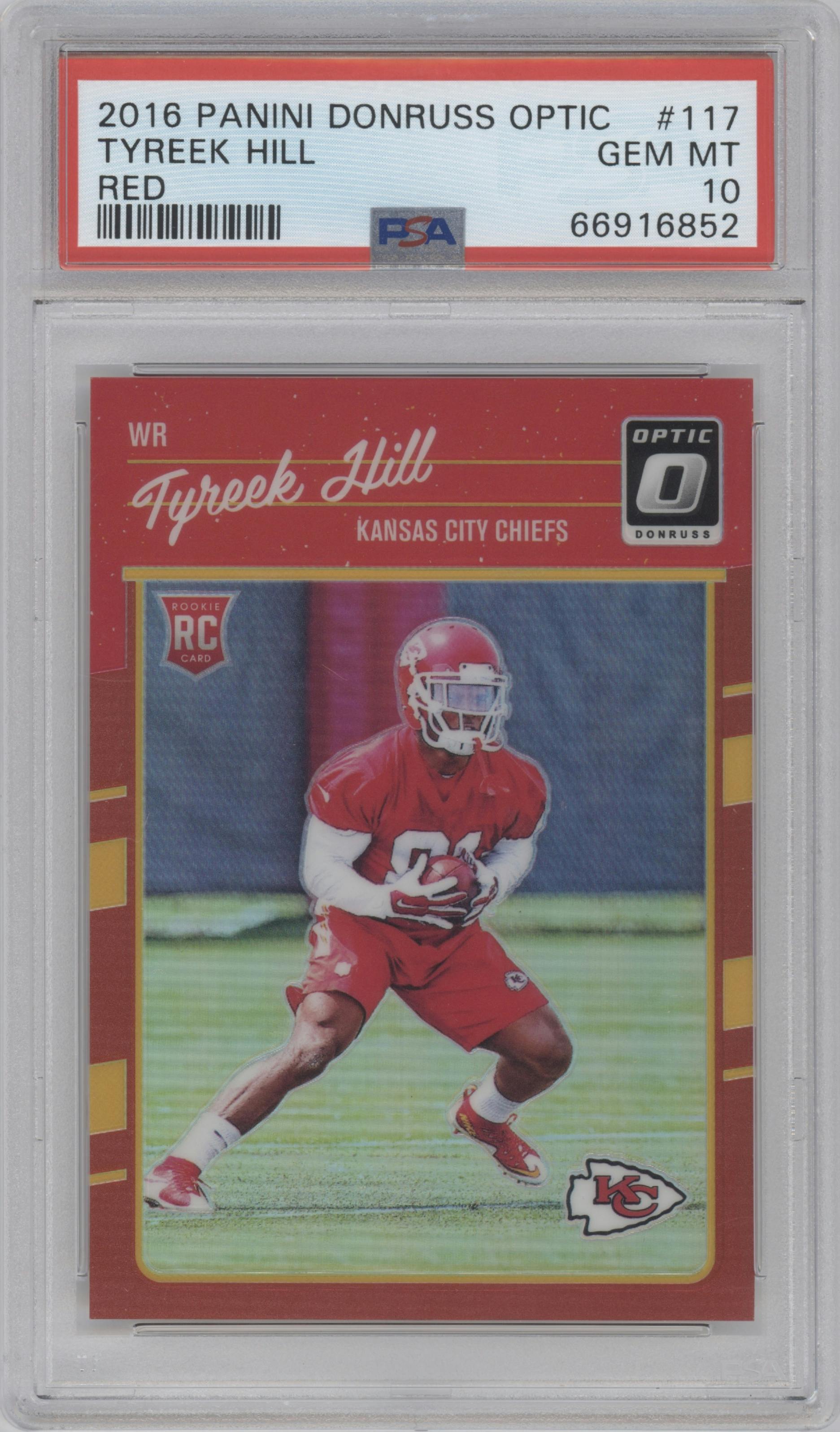 Tyreek Hill from the 2016 Panini Donruss Optic set featuring a Red parallel graded by PSA and given an overall grade of 10.