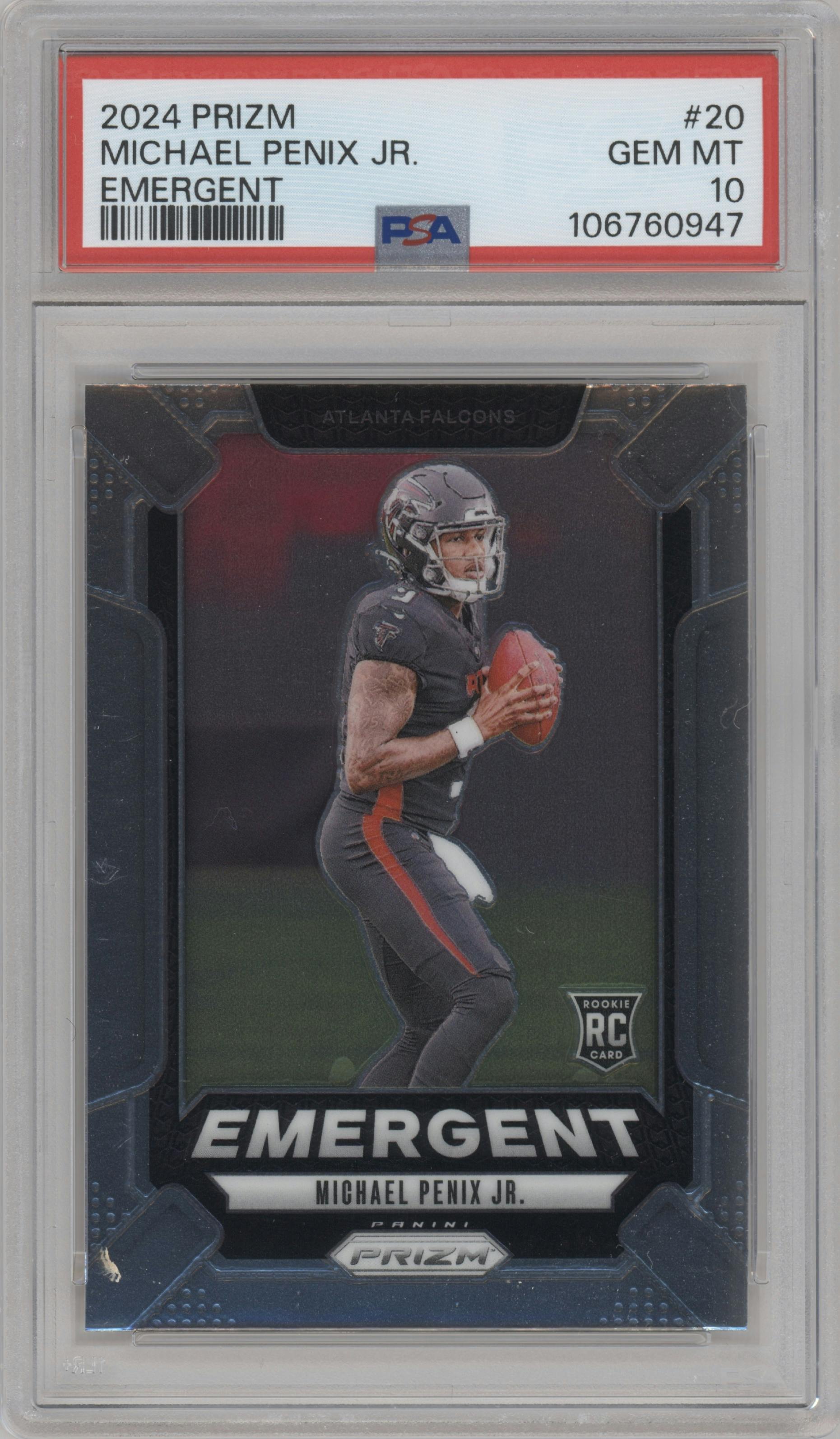 Michael Penix Jr. from the 2024 Panini Prizm set graded by PSA and given an overall grade of 10.