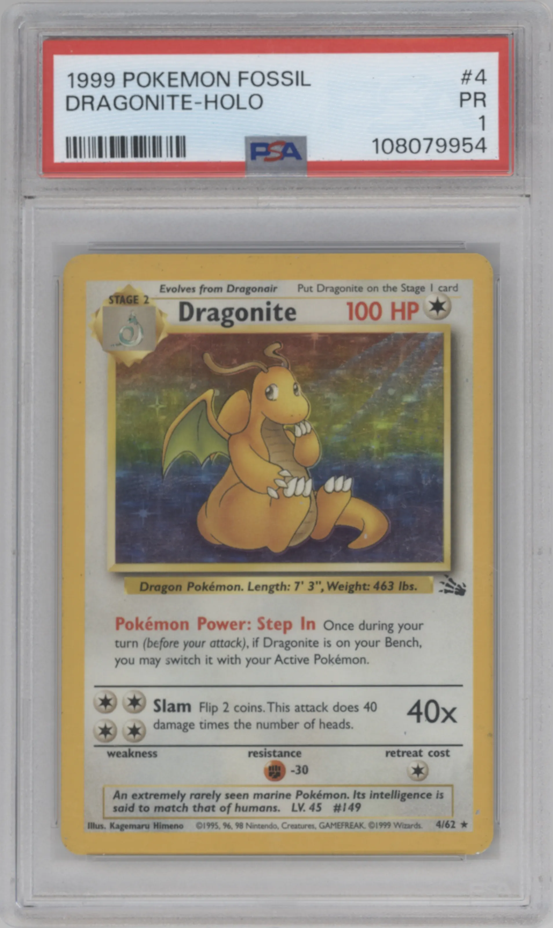 Dragonite from the 1999 Pokemon set graded by PSA and given an overall grade of 1.
