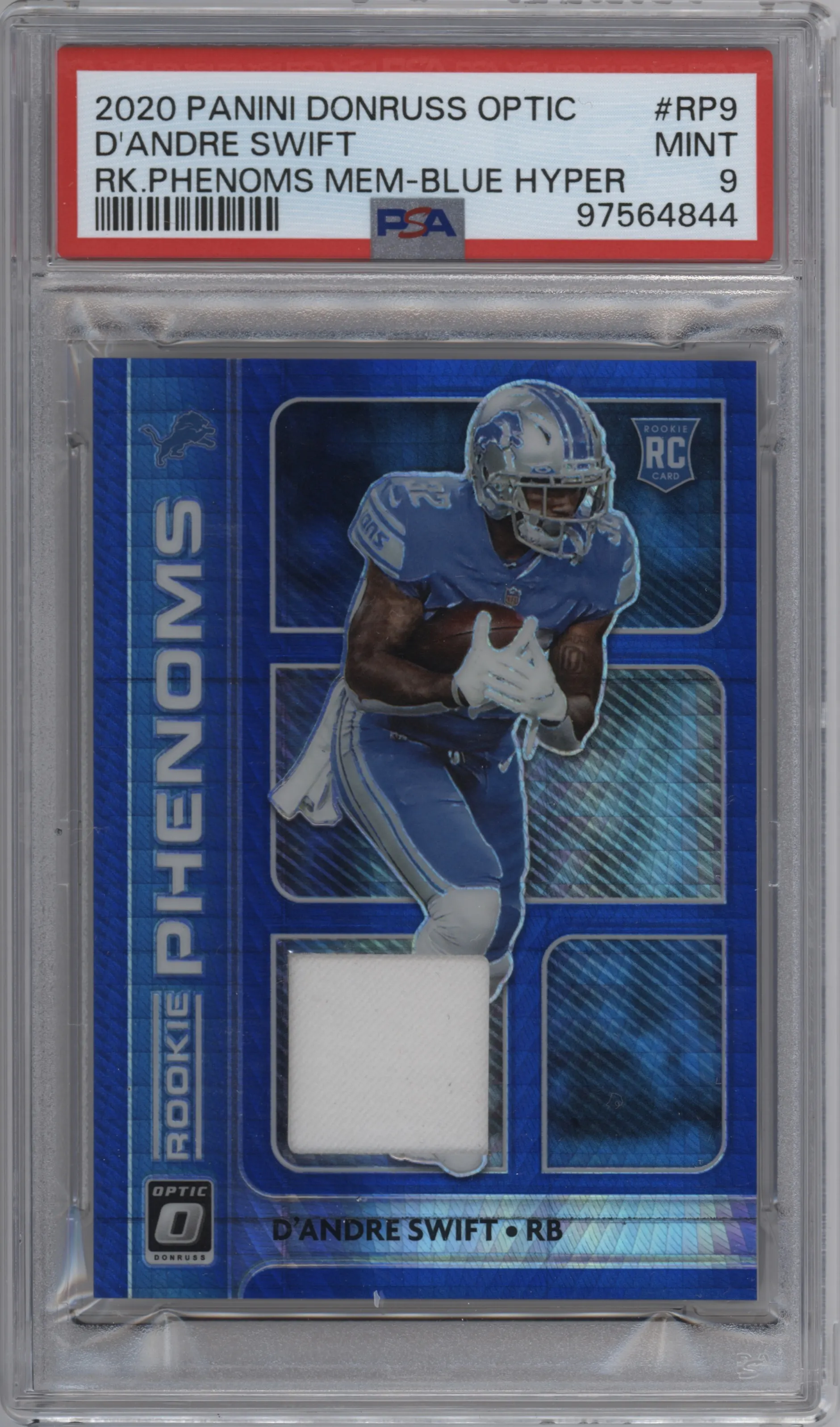 D'Andre Swift from the 2020 Panini Donruss Optic set featuring a Blue Hyper parallel graded by PSA and given an overall grade of 9.