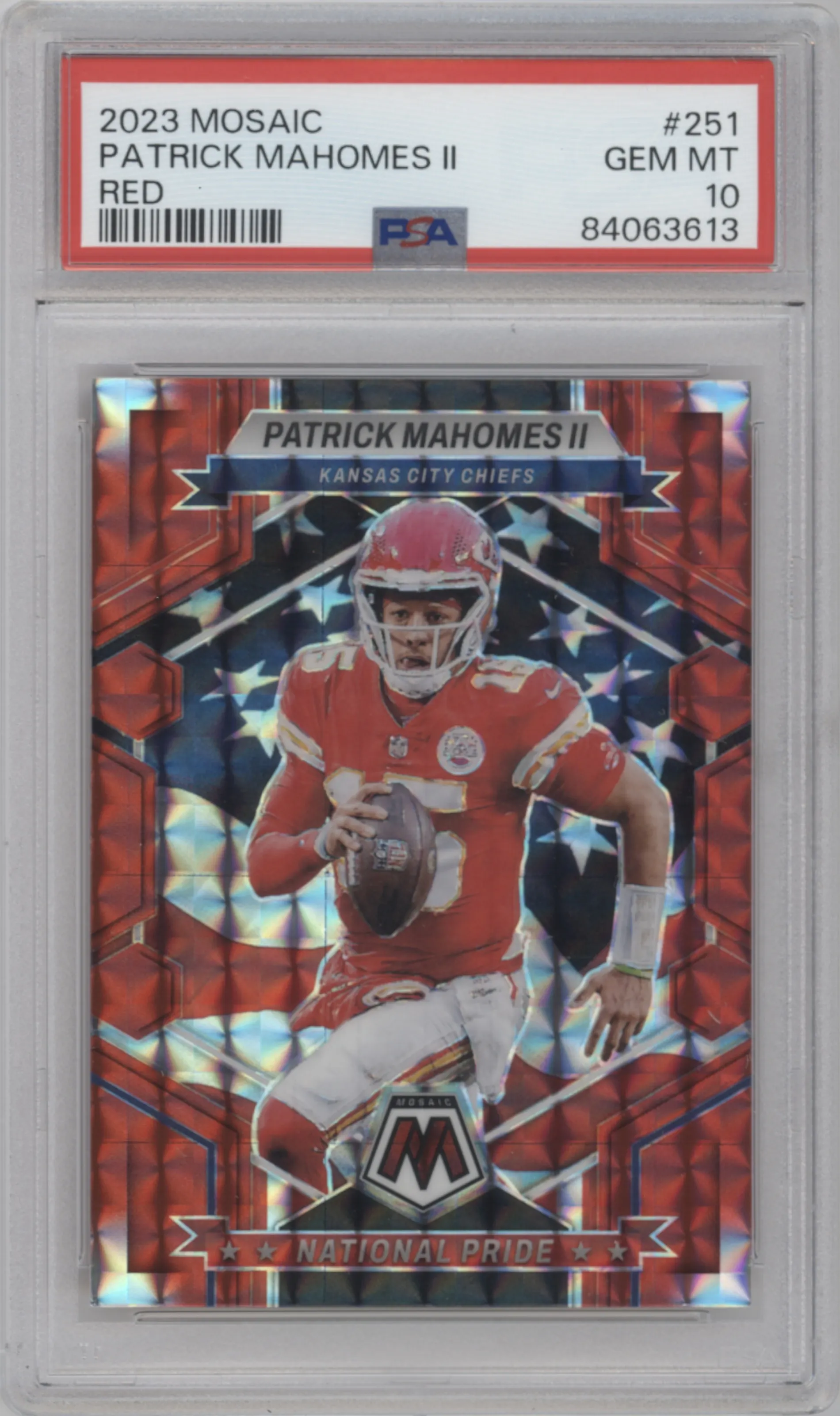 Patrick Mahomes II from the 2023 Panini Mosaic set featuring a Red Mosaic parallel graded by PSA and given an overall grade of 10.