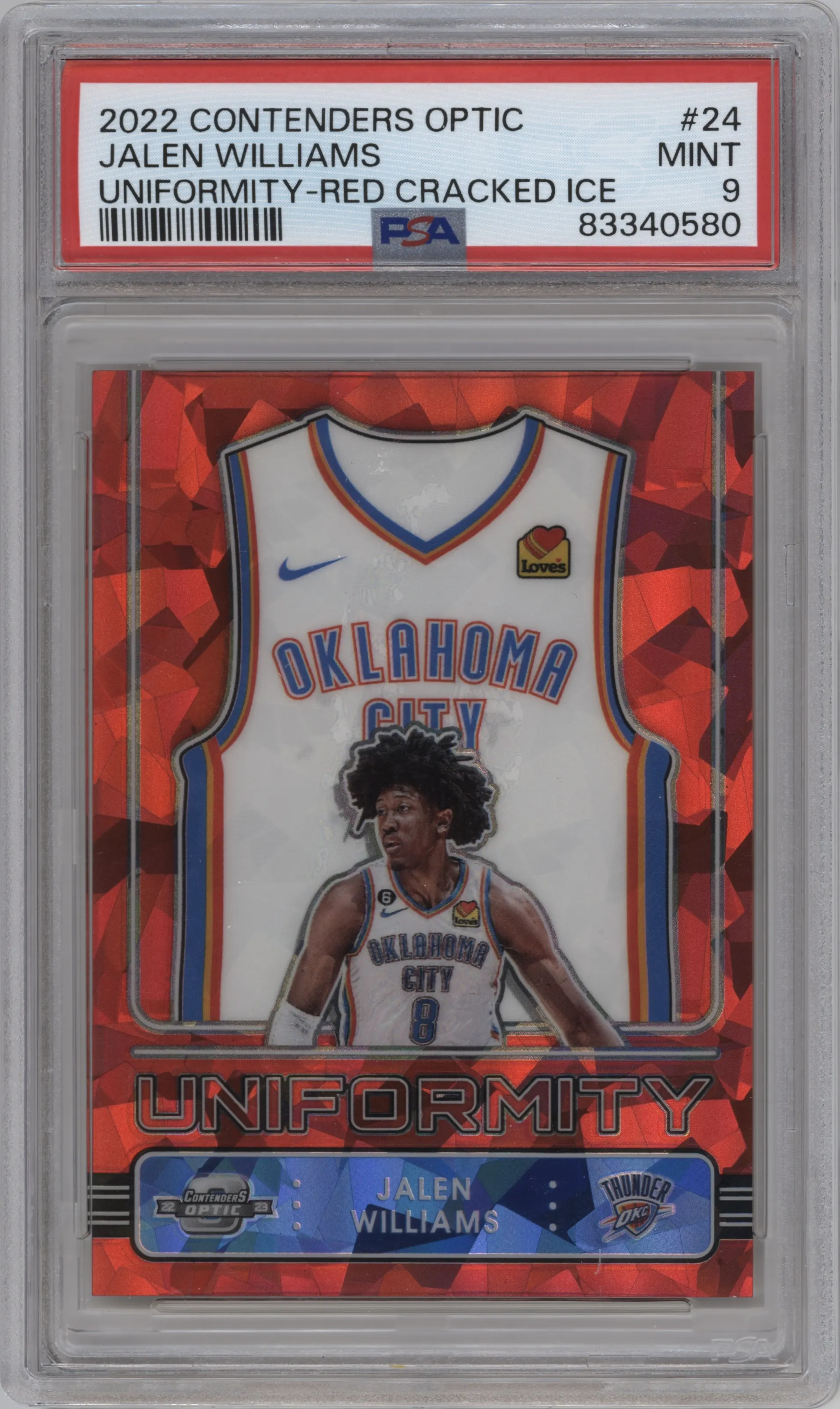 Jalen Williams from the 2022-23 Panini Contenders Optic set featuring a Red Cracked Ice parallel graded by PSA and given an overall grade of 9.