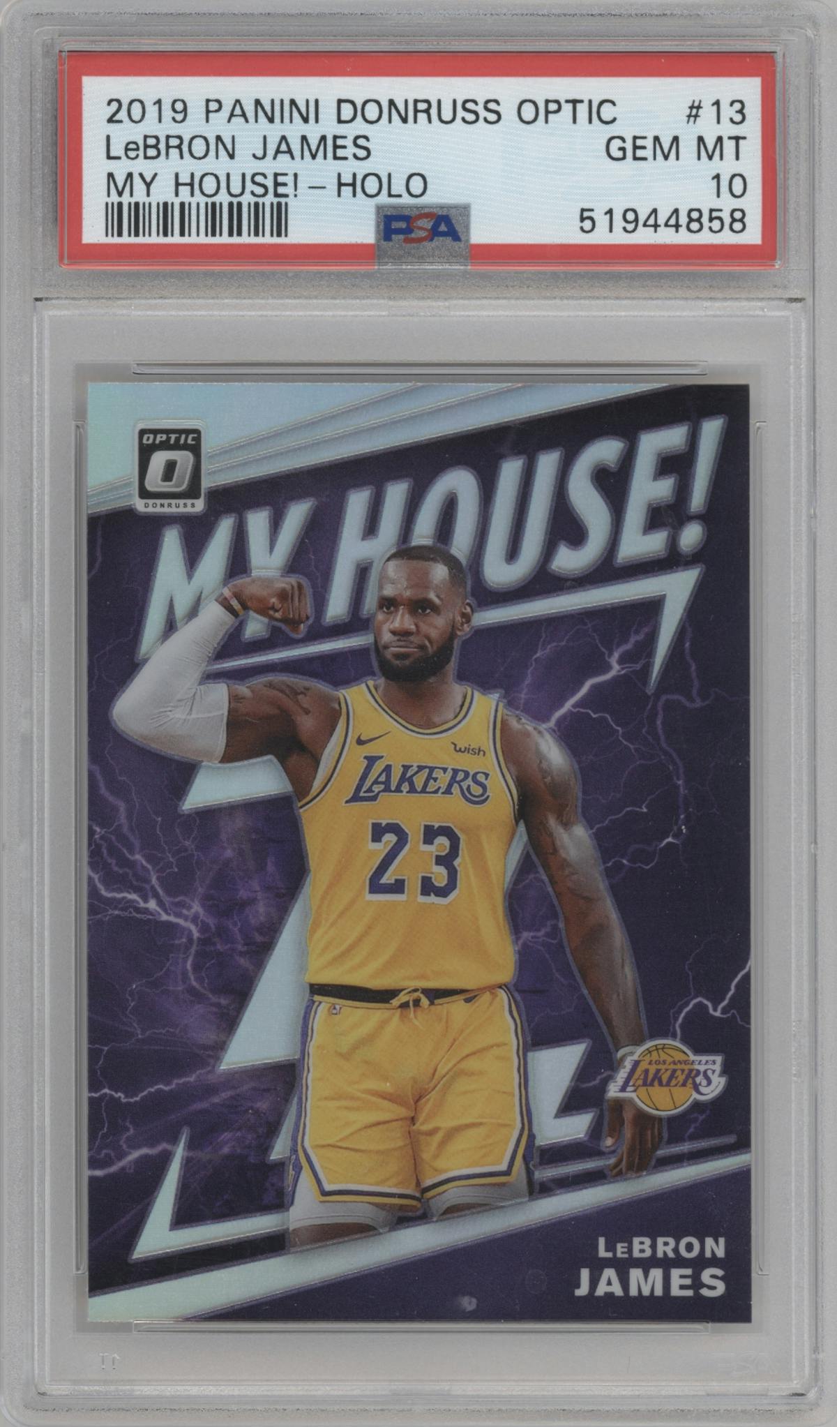LeBron James from the 2019-20 Panini Donruss Optic set featuring a Holo parallel graded by PSA and given an overall grade of 10.