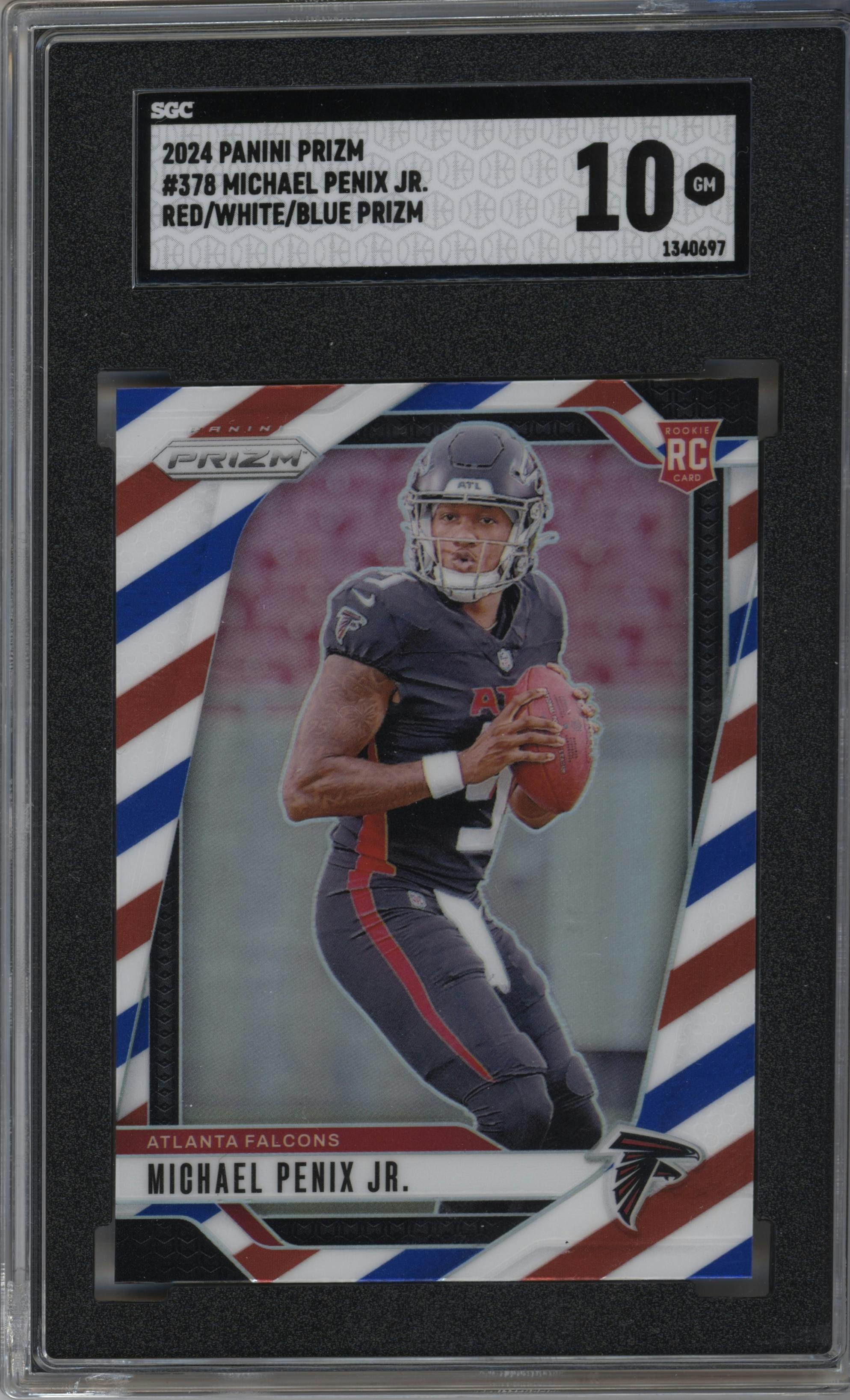 Michael Penix Jr. from the 2024 Panini Prizm set featuring a Red/White/Blue Prizm parallel graded by SGC and given an overall grade of 10.