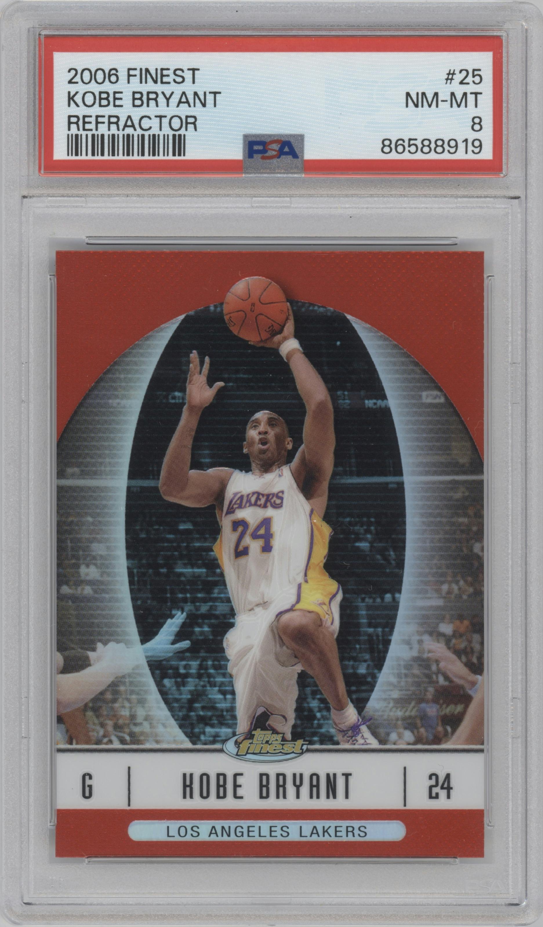 Kobe Bryant from the 2006-07 Topps Finest set featuring a Refractor parallel graded by PSA and given an overall grade of 8.