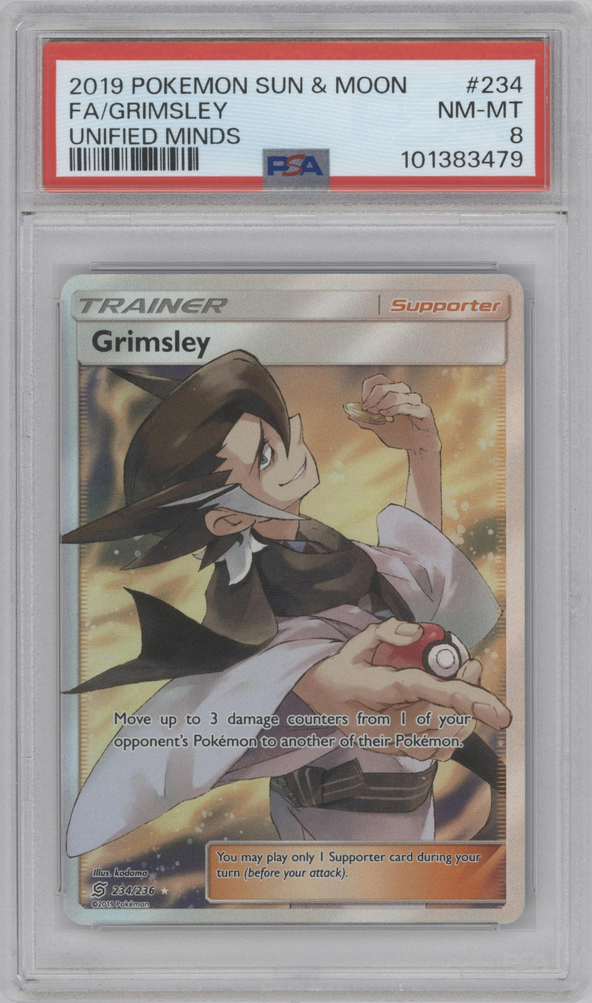 Grimsley from the 2019 Pokemon S&M  set graded by PSA and given an overall grade of 8.
