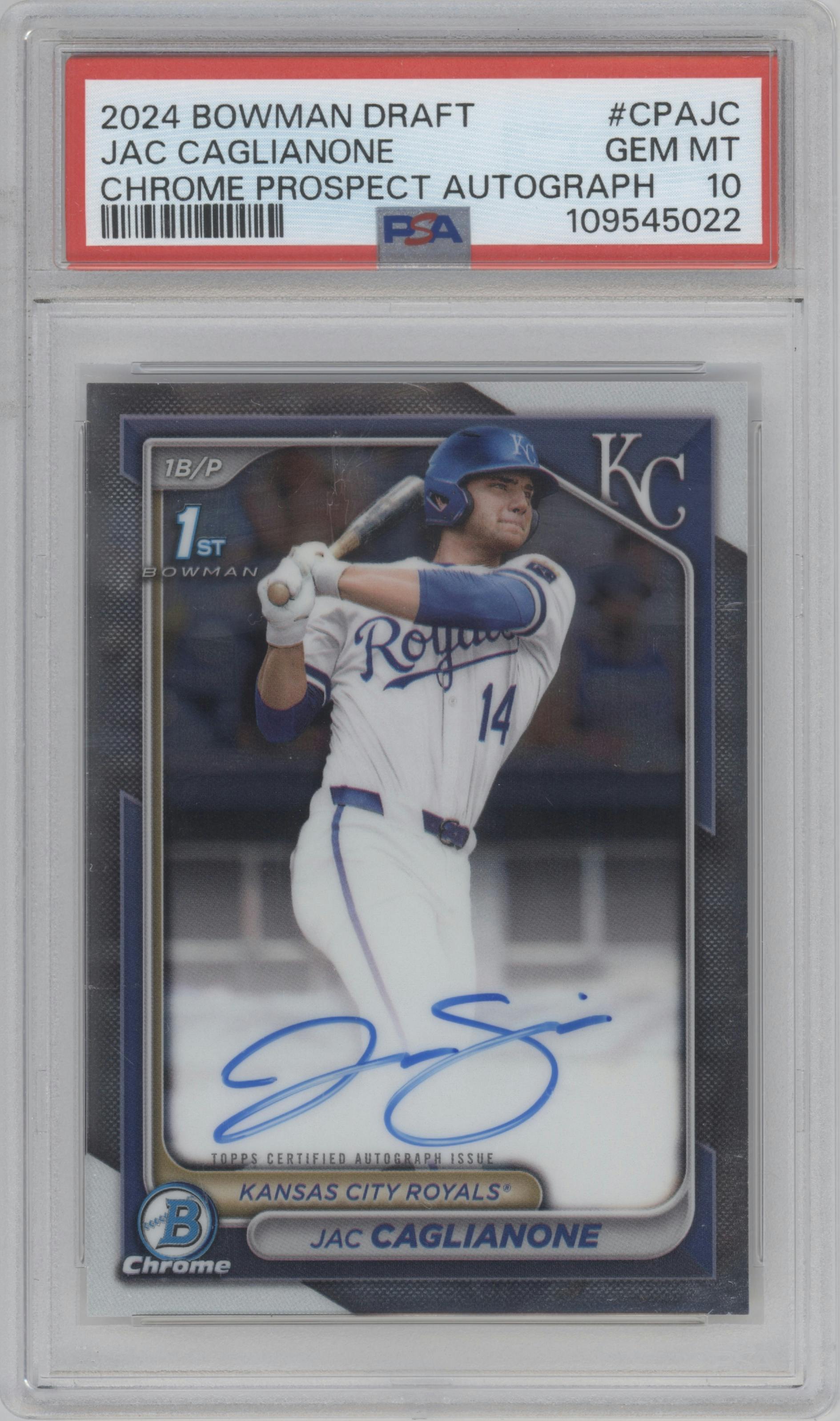 Jac Caglianone from the 2024 Bowman Draft set graded by PSA and given an overall grade of 10.
