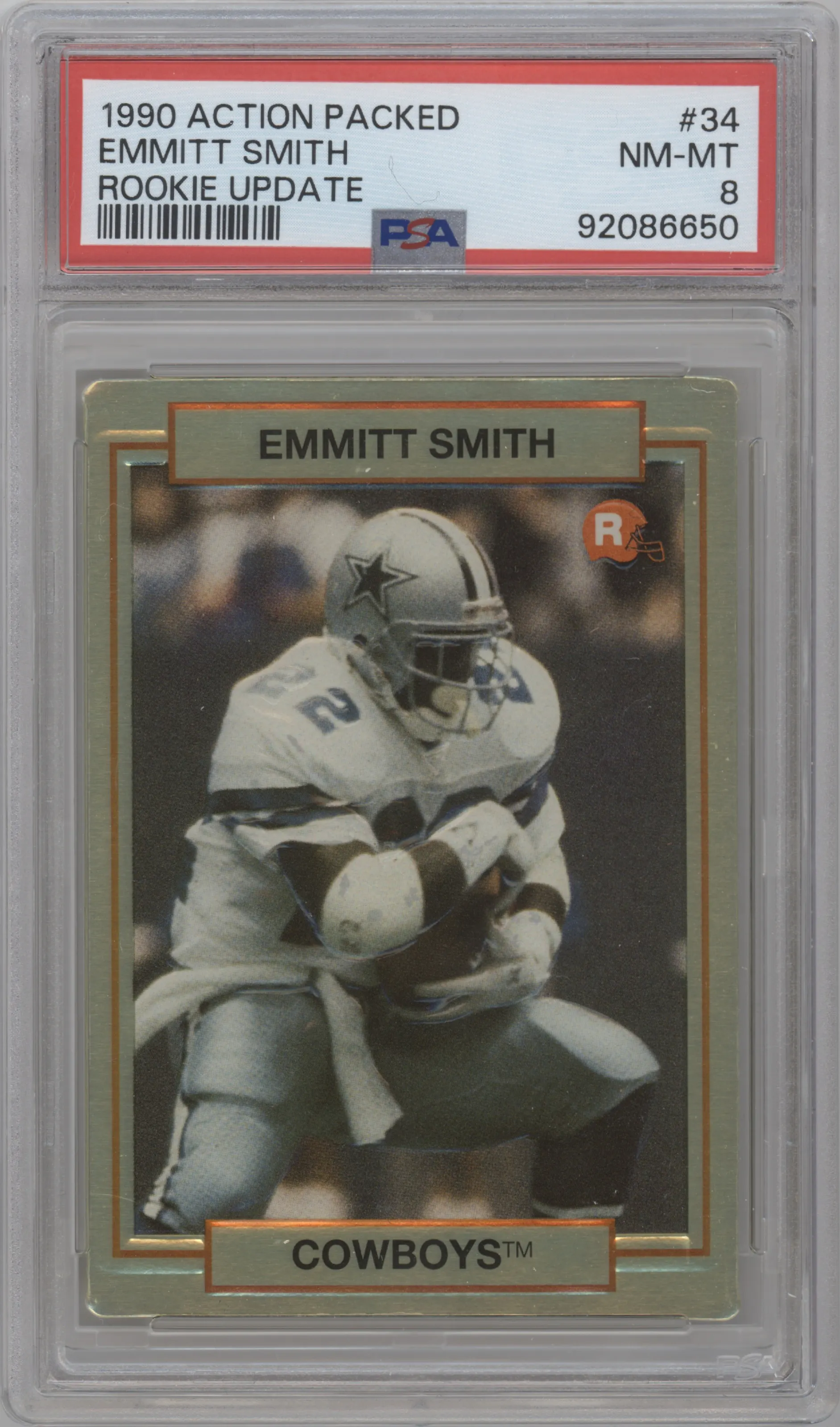 Emmitt Smith from the 1990 Action Packed Rookie Update set graded by PSA and given an overall grade of 8.