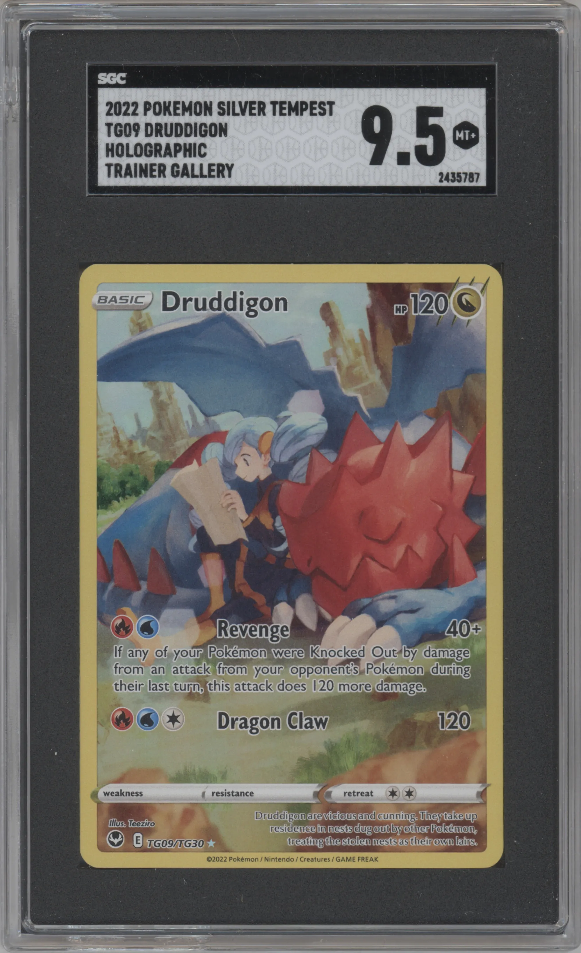 Druddigon from the 2022 Pokemon SWSH set graded by SGC and given an overall grade of 9.5.