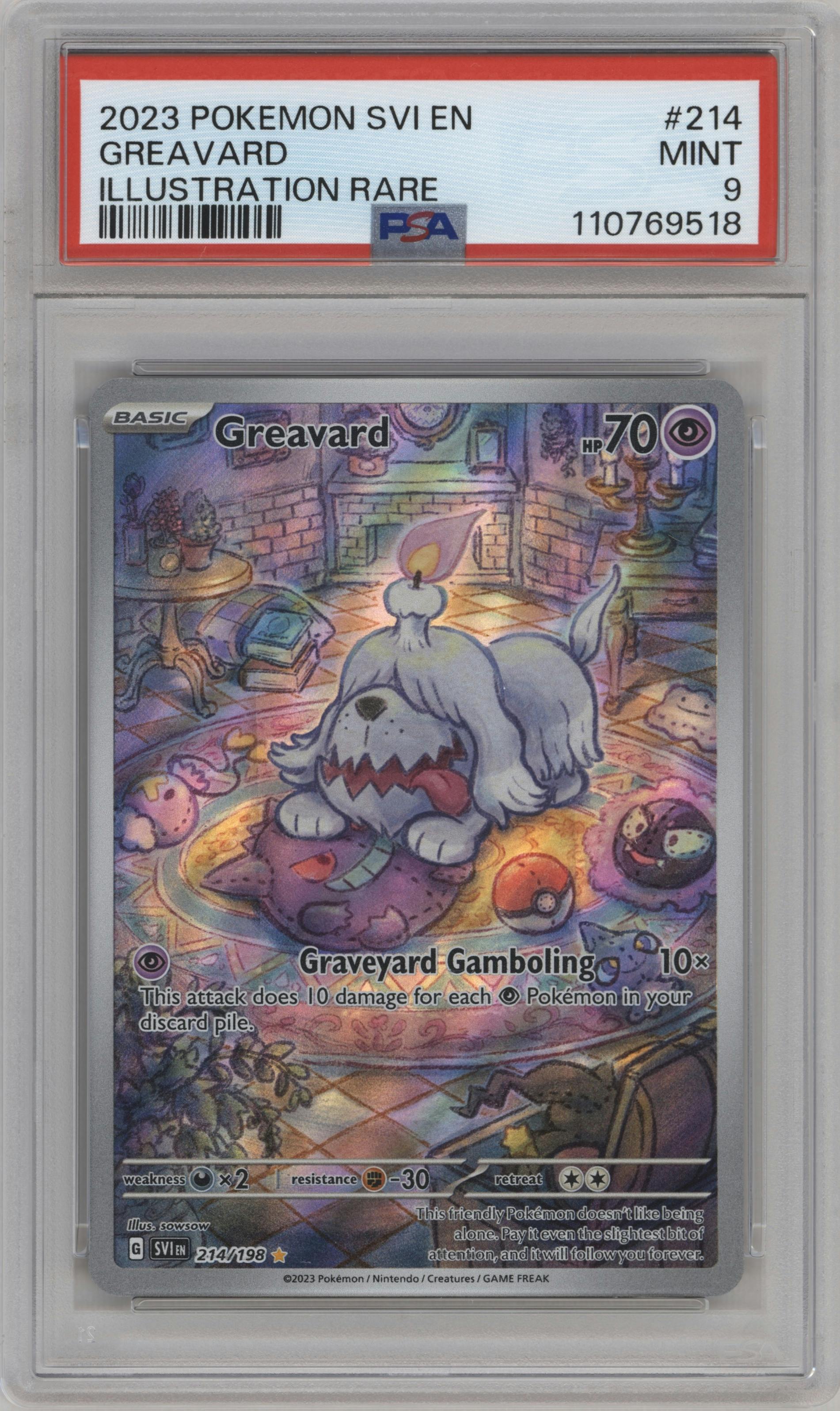 Greavard from the 2023 Pokemon SV set graded by PSA and given an overall grade of 9.