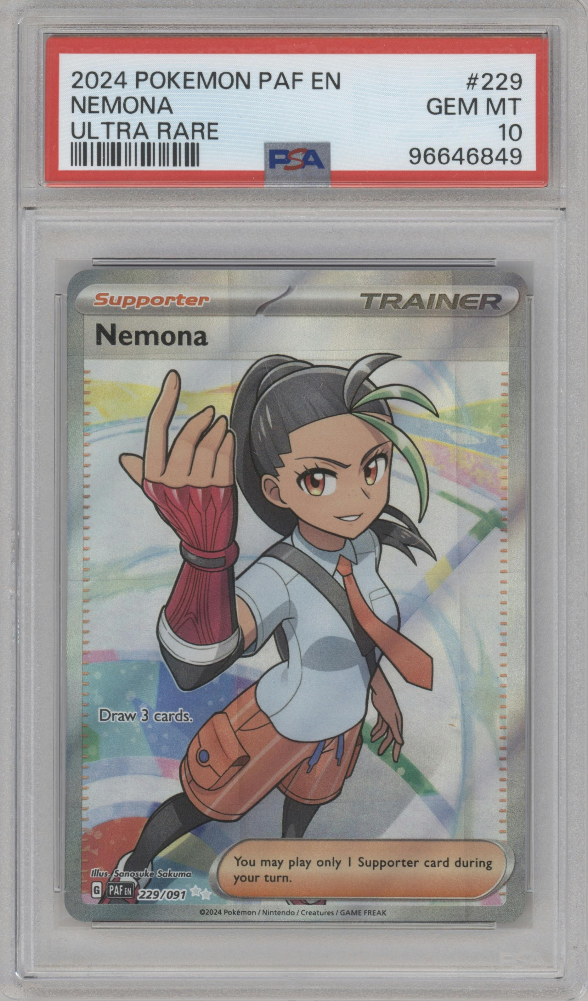 Nemona from the 2024 Pokemon SV set graded by PSA and given an overall grade of 10.