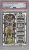 Christian Watson  from the 2022 Panini Contenders Optic set featuring a Cracked Ice parallel graded by PSA and given an overall grade of 9.