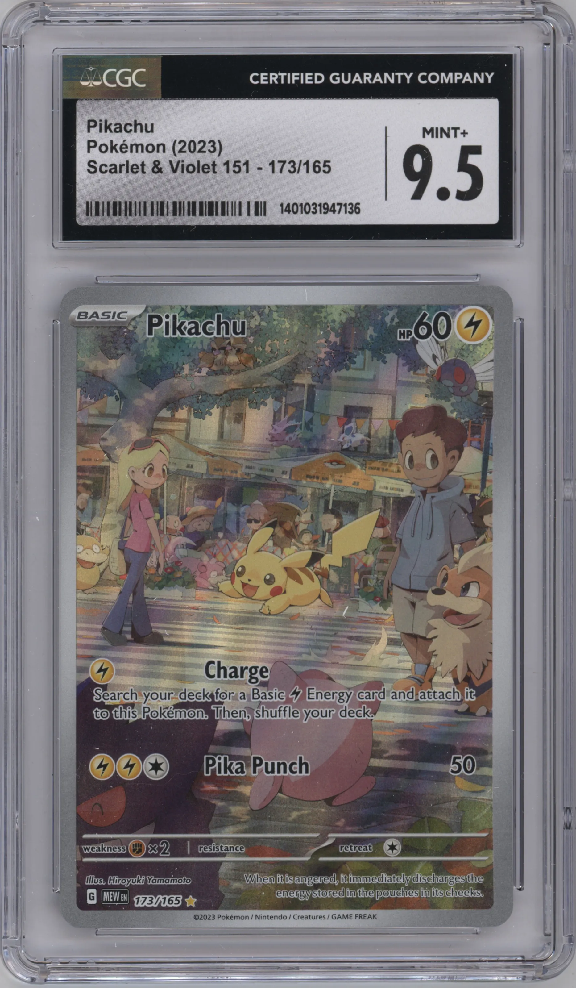 Pikachu from the 2023 Pokemon SV set graded by CSG and given an overall grade of 9.5.