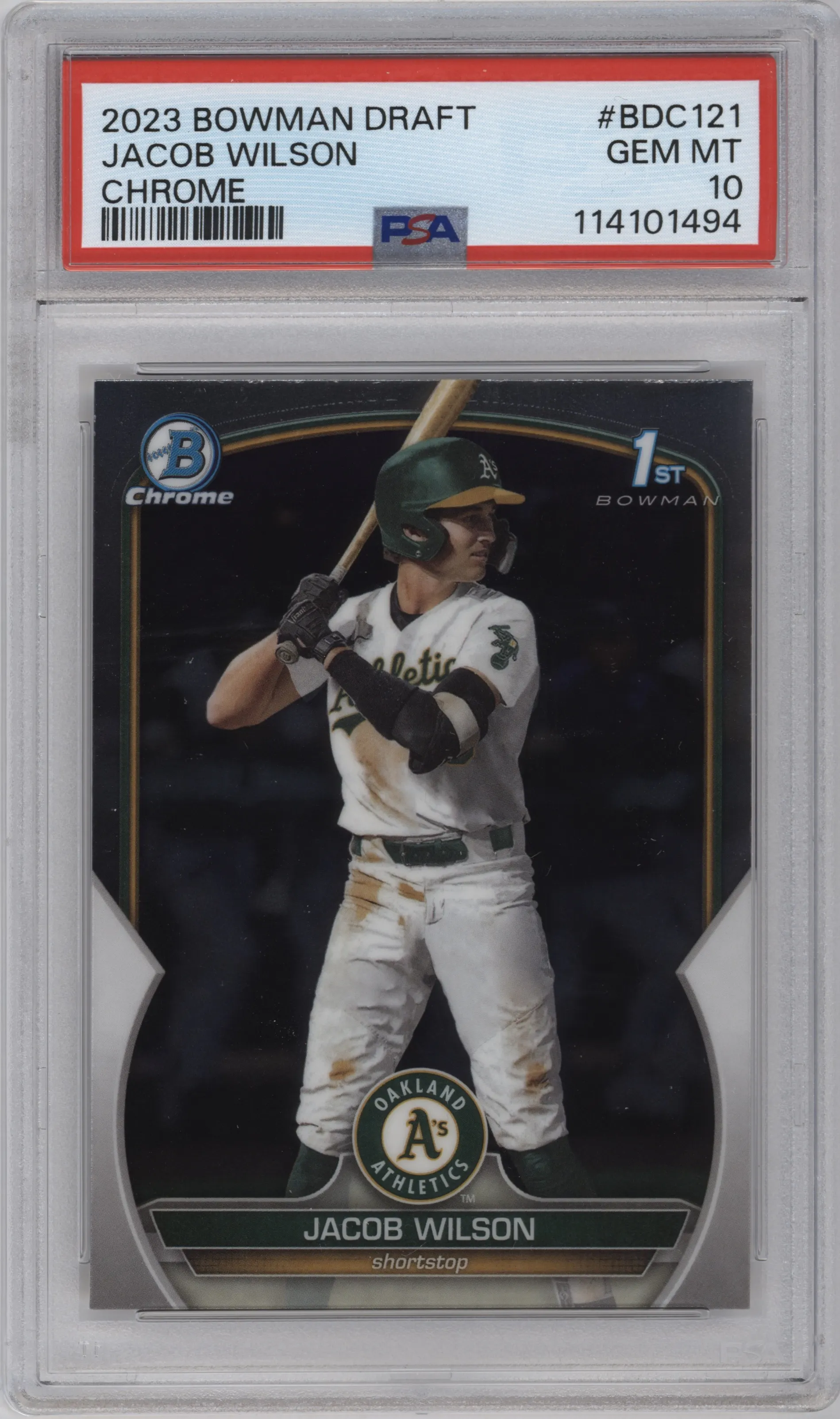 Jacob Wilson from the 2023 Bowman Draft set graded by PSA and given an overall grade of 10.
