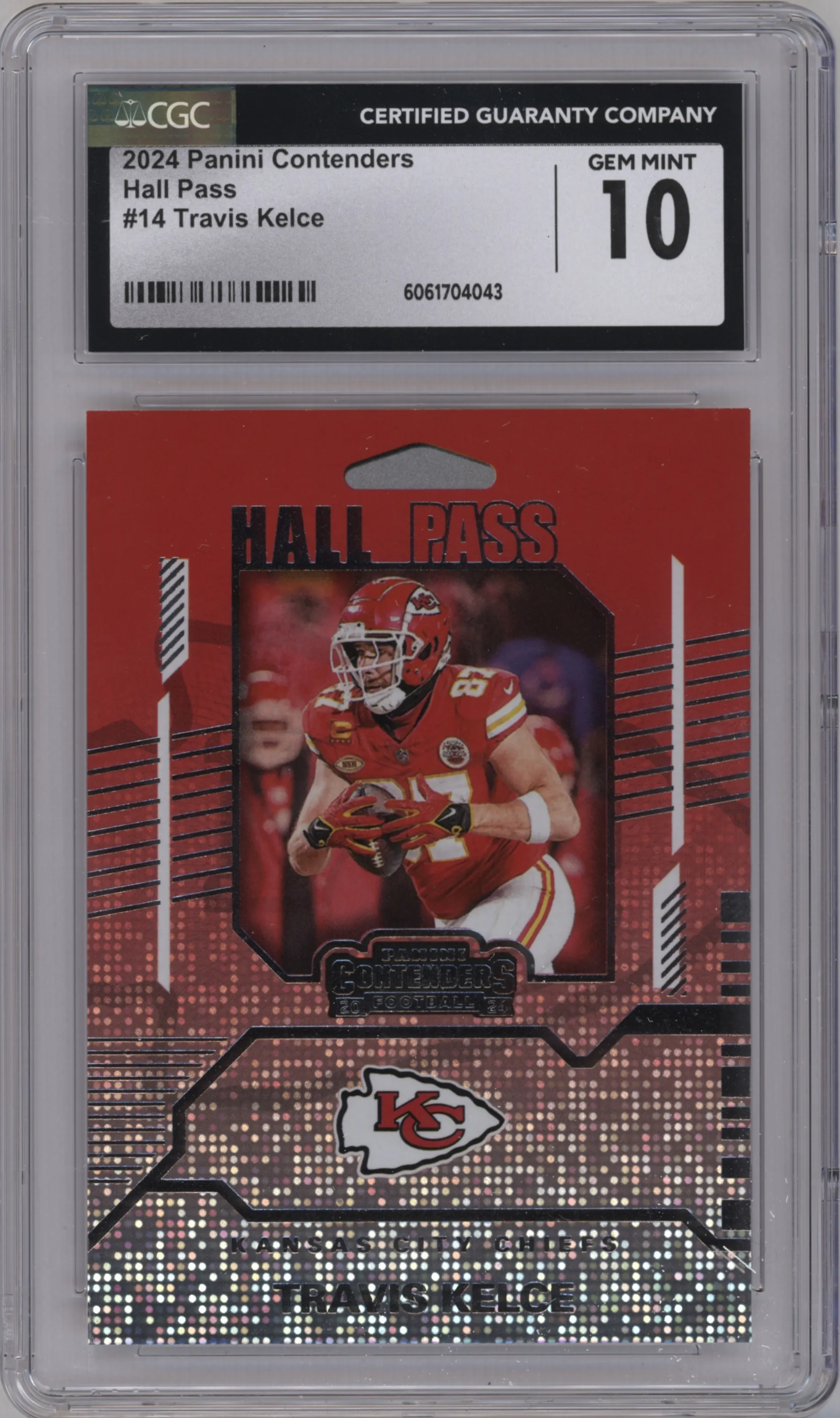 Travis Kelce from the 2024 Panini Contenders set graded by CSG and given an overall grade of 10.