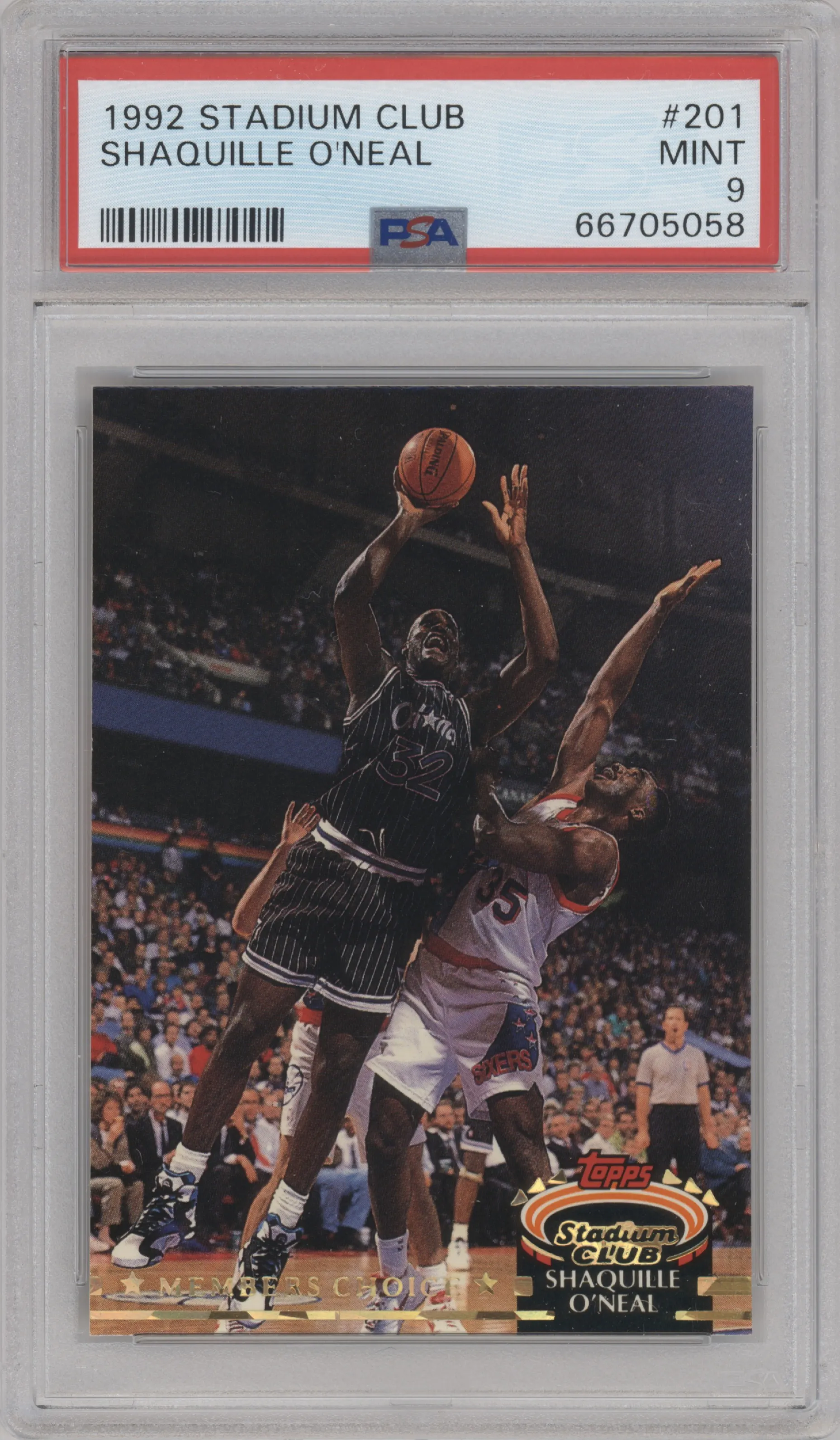 Shaquille O'neal from the 1992-93 Topps Stadium Club set graded by PSA and given an overall grade of 9.